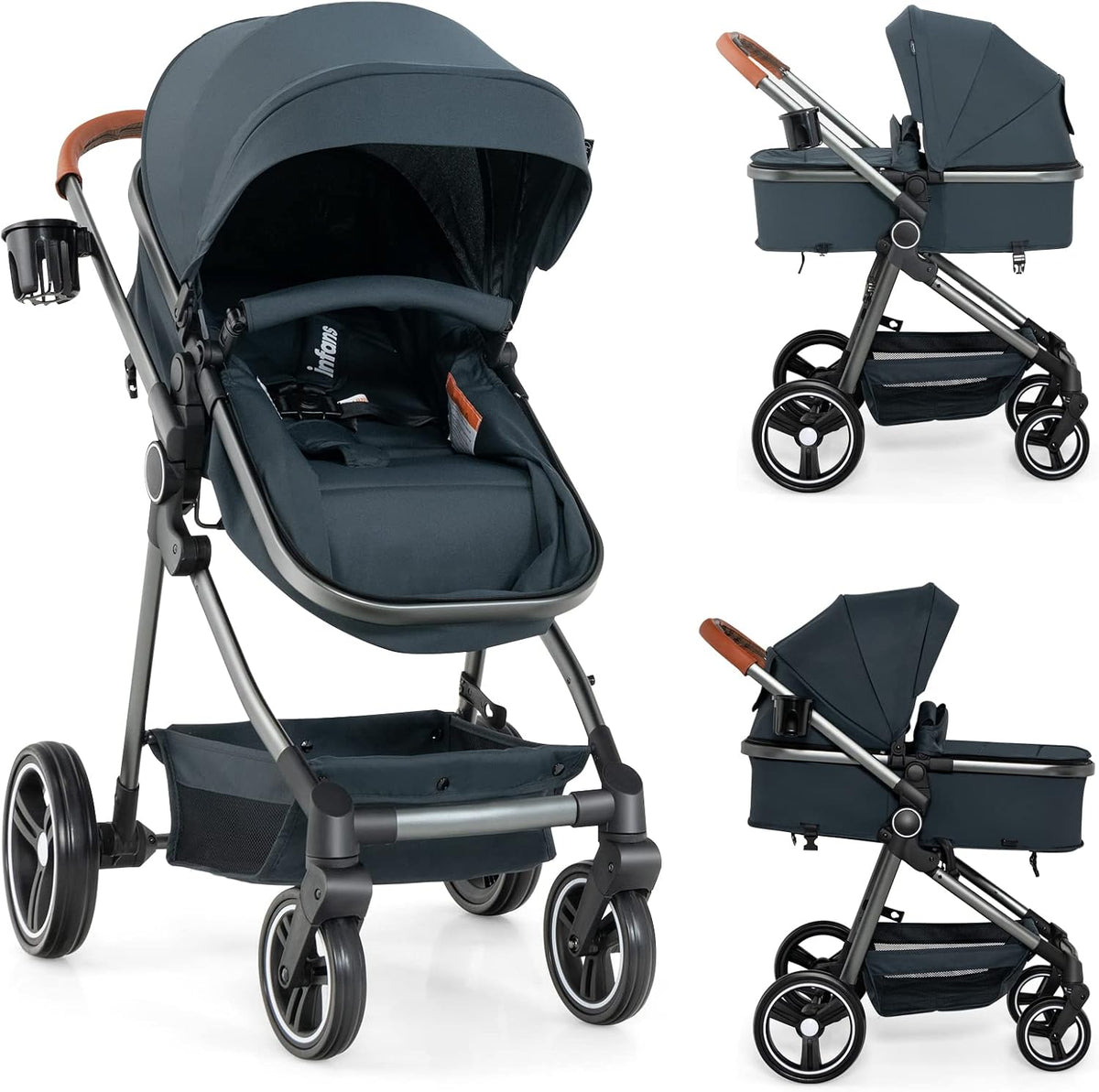 INFANS Cochecito de bebé 2 en 1, cuna convertible para recién nacid...
