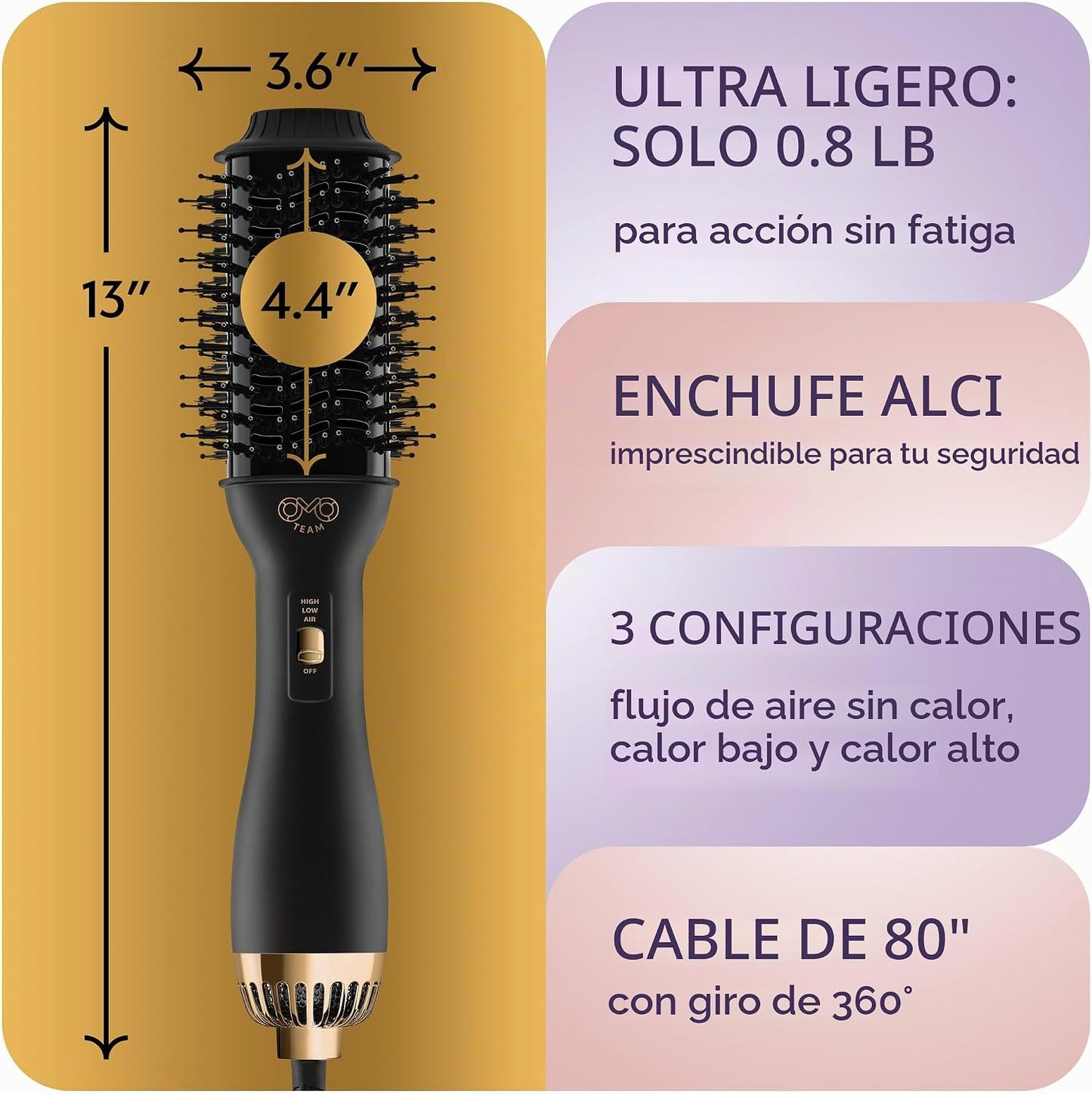 Cepillo secador de pelo profesional, secador y voluminizador dorado...