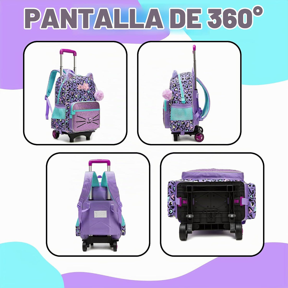 Meetbelify Mochila con ruedas para niñas, con diseño de gato, con r...