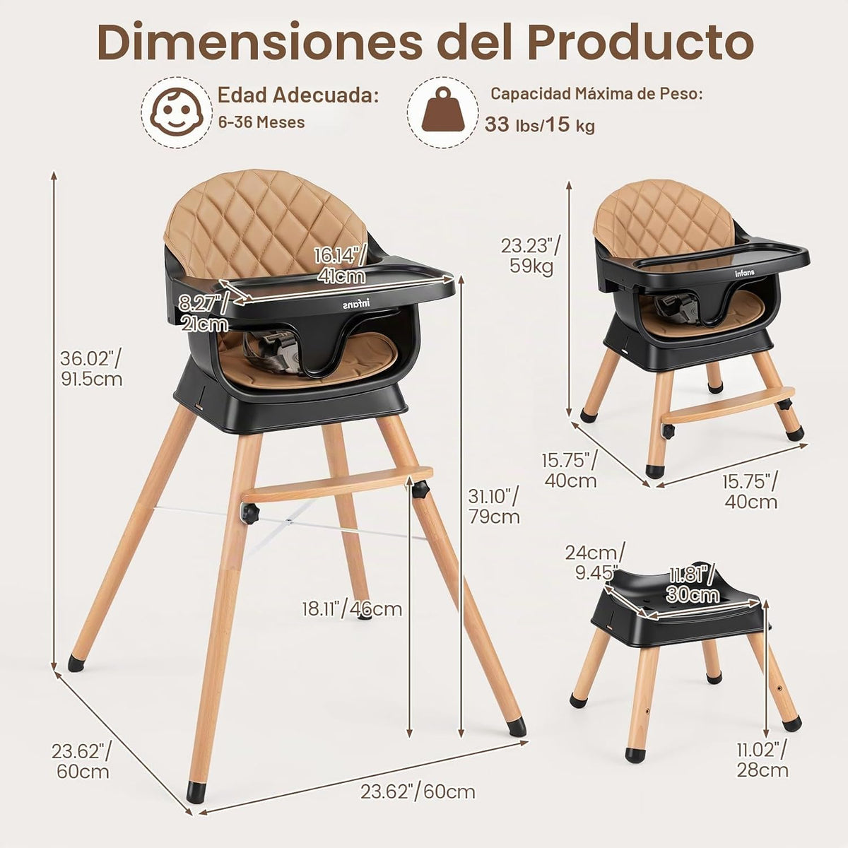 INFANS Silla alta para bebé, silla alta convertible de madera 6 en...