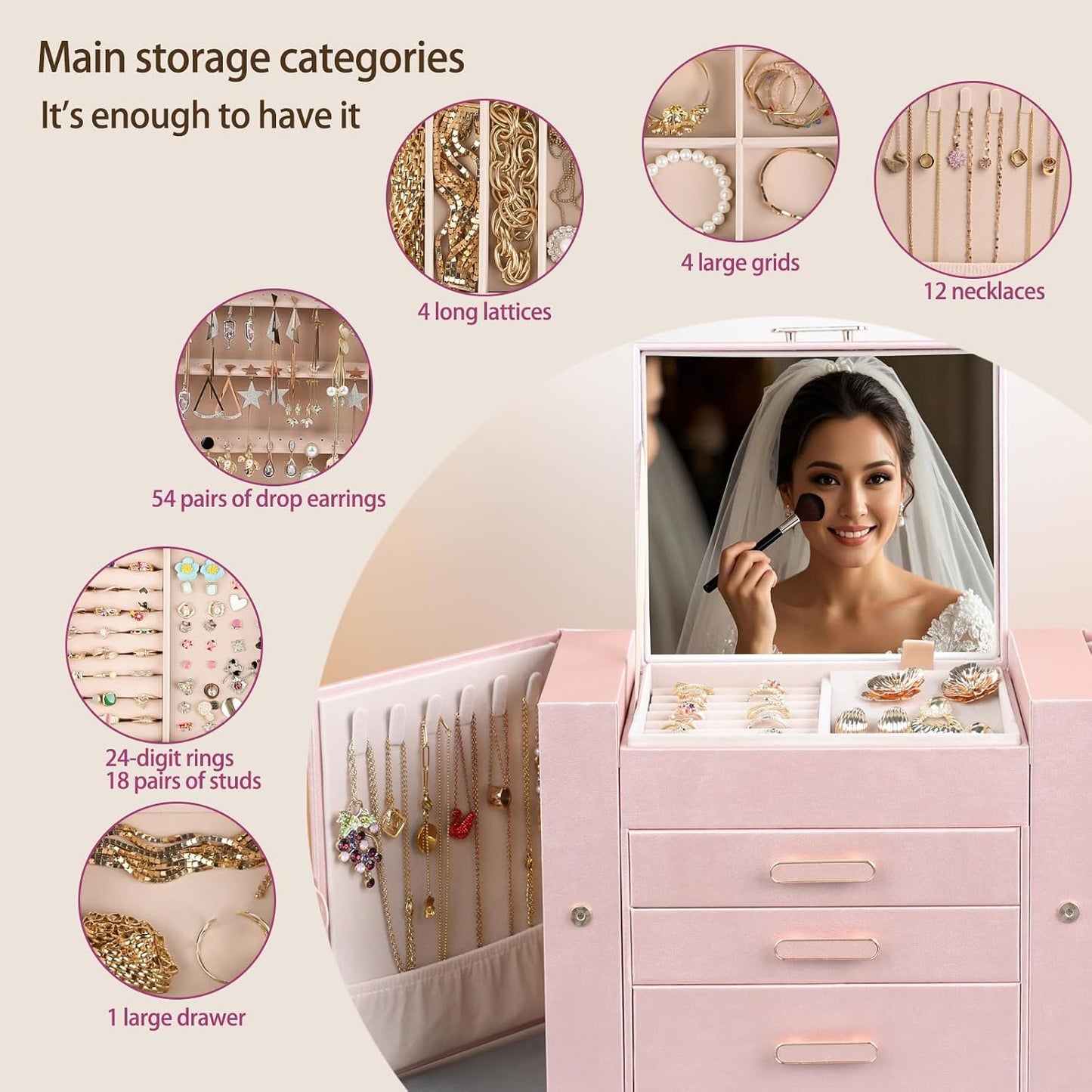 ASINGYER Joyero de 4 capas con 3 cajones y puertas laterales colgan...