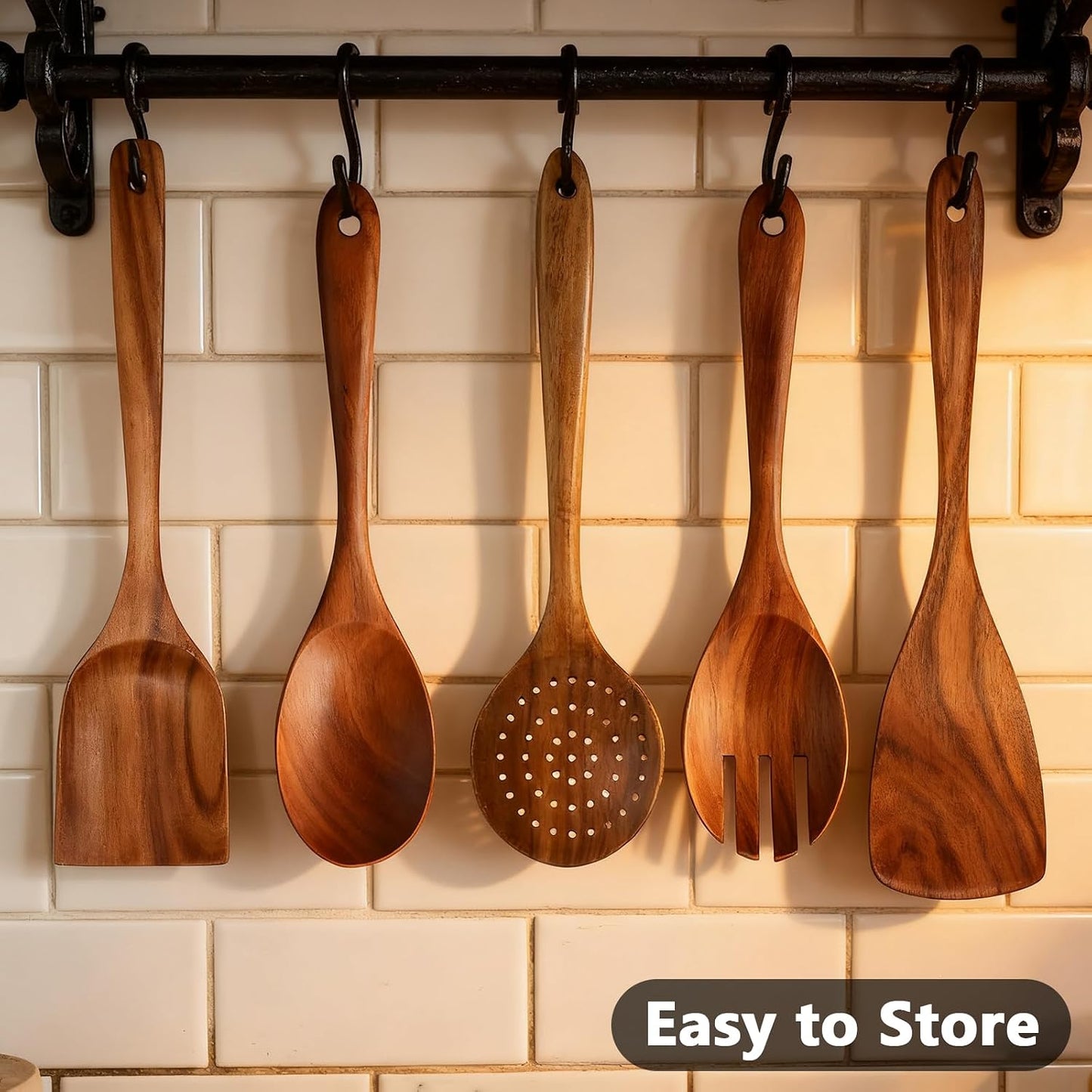 IOCBYHZ Juego de utensilios de cocina de madera de teca natural de...