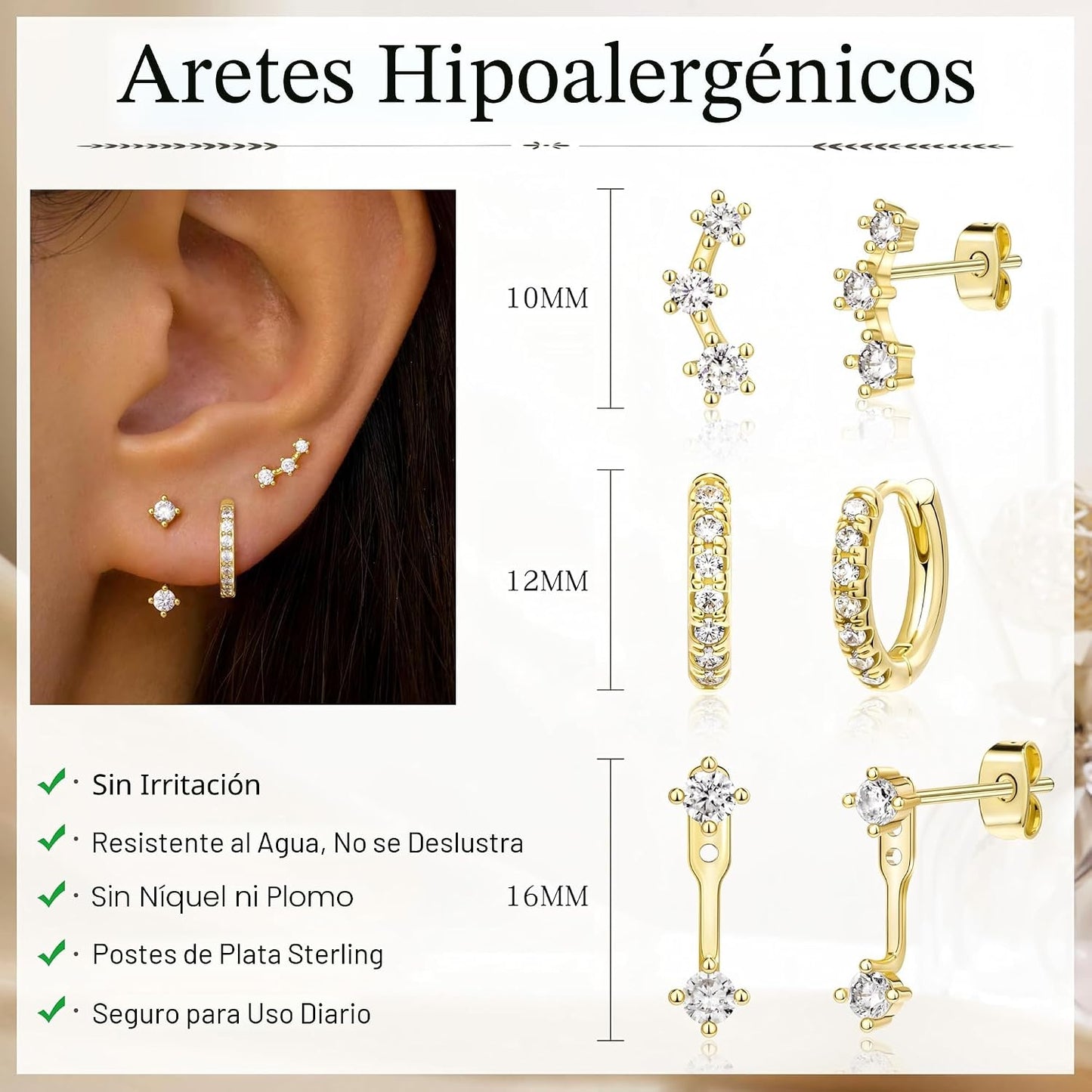 Aretes pequeños de moda en pila para mujer, juego de 3 pares de are...