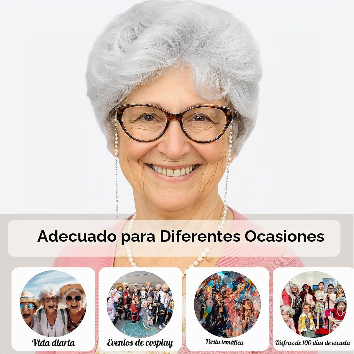 PUREHAIR Peluca de disfraz de anciana blanca para mujer con gafas,...