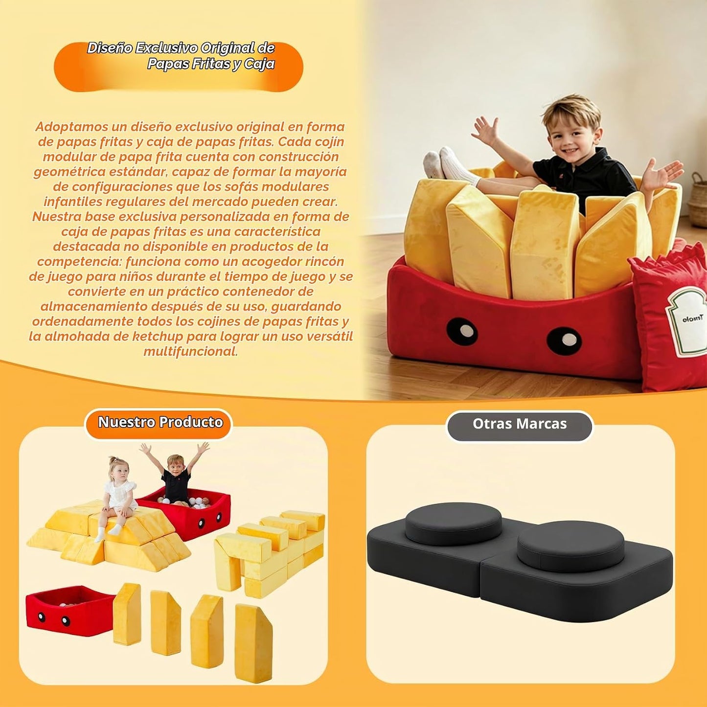 BABAMU Sofá modular para niños, diseño de caja de papas, sofá secci...