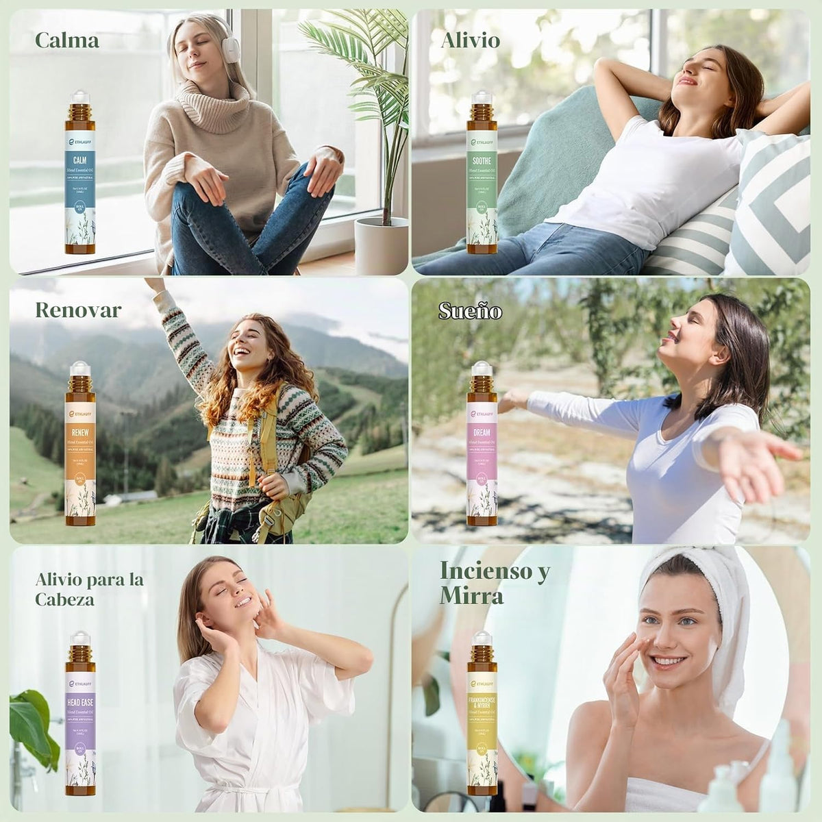 Ethlauff Juego de aceite esencial roll-on (calma, renovación, sueño...