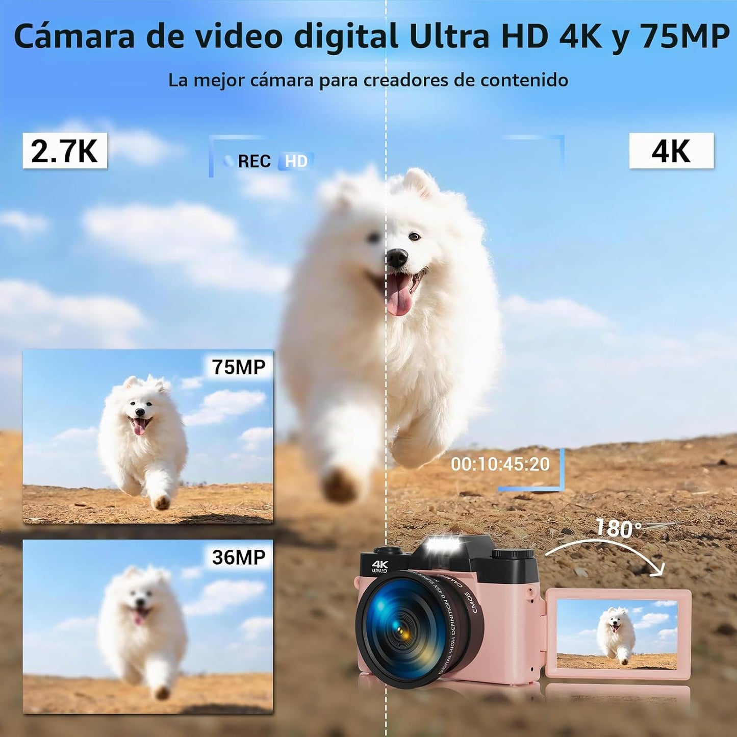 Cámara digital, FHD 4K 75MP WiFi para videoblogging y YouTube con p...