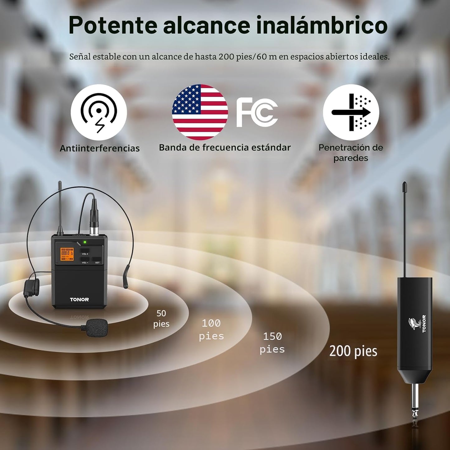 TONOR Sistema de micrófono inalámbrico UHF con micrófono de auricul...