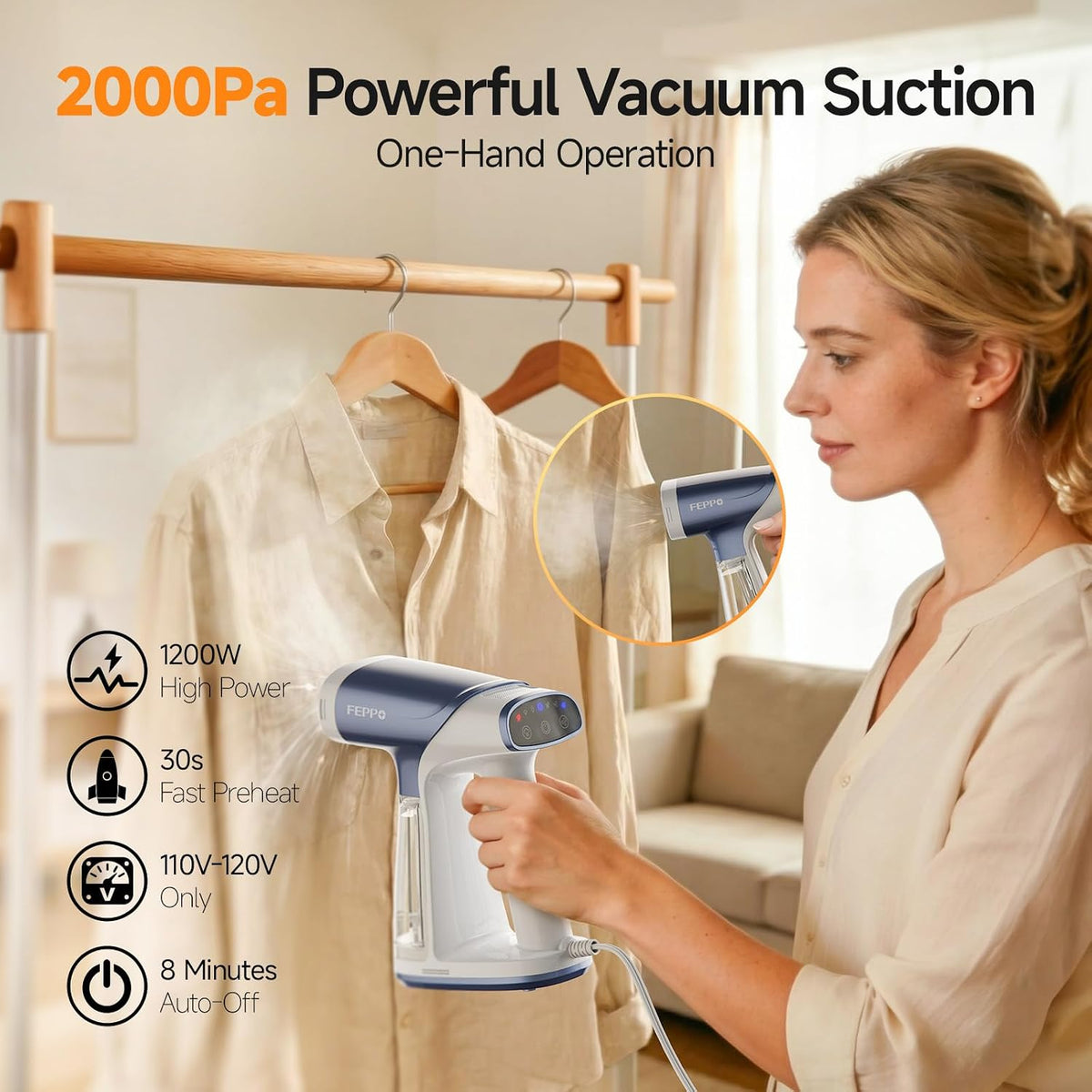 FEPPO Vaporizador de vacío para ropa, vaporizador de ropa de mano c...