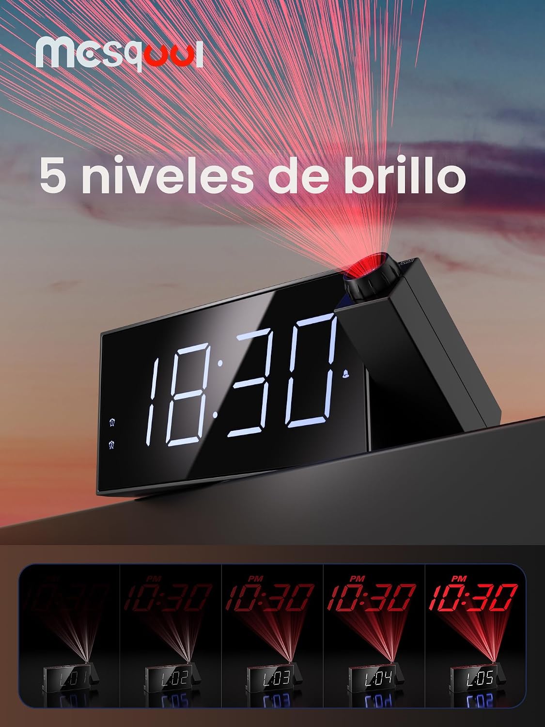 Reloj despertador digital de proyección con agitador de cama para d...