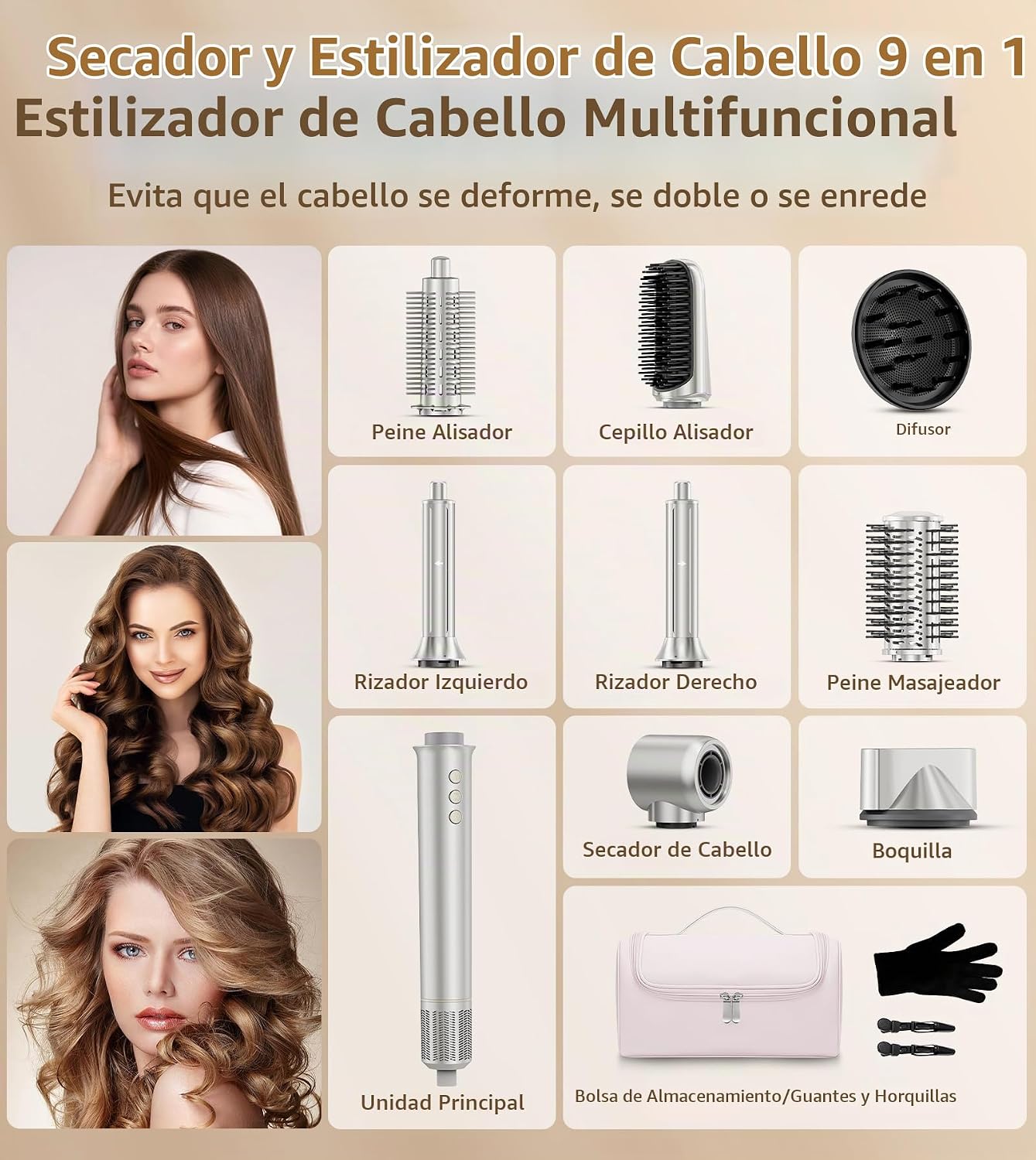 Kits de cepillos para secador de pelo 9 en 1, secador de pelo rizad...