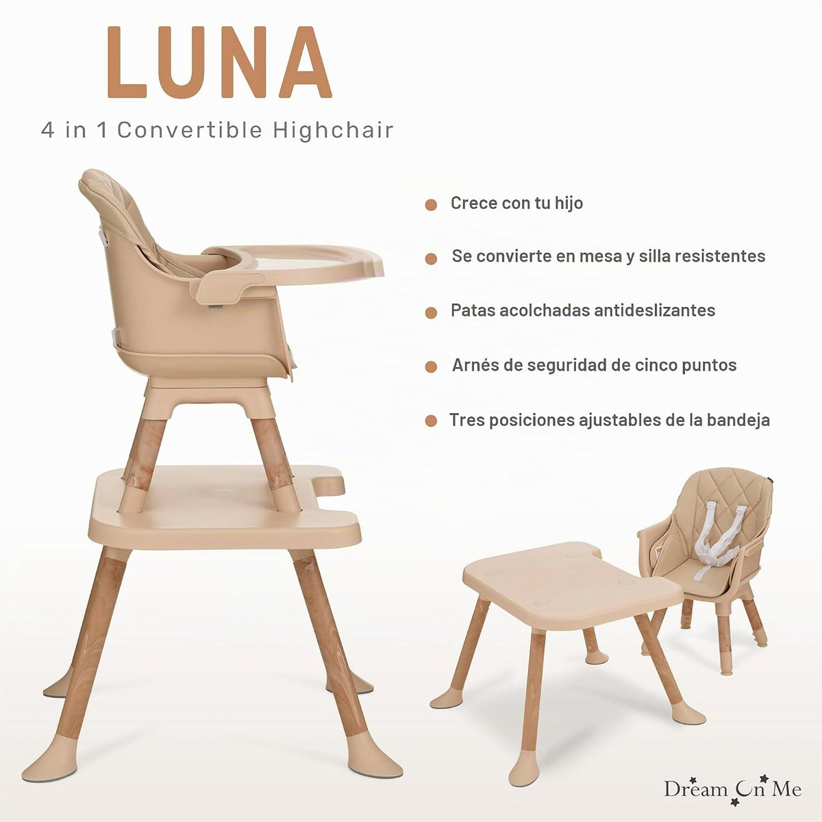 Dream On Me Luna - Silla alta convertible 4 en 1 para bebé en beige...