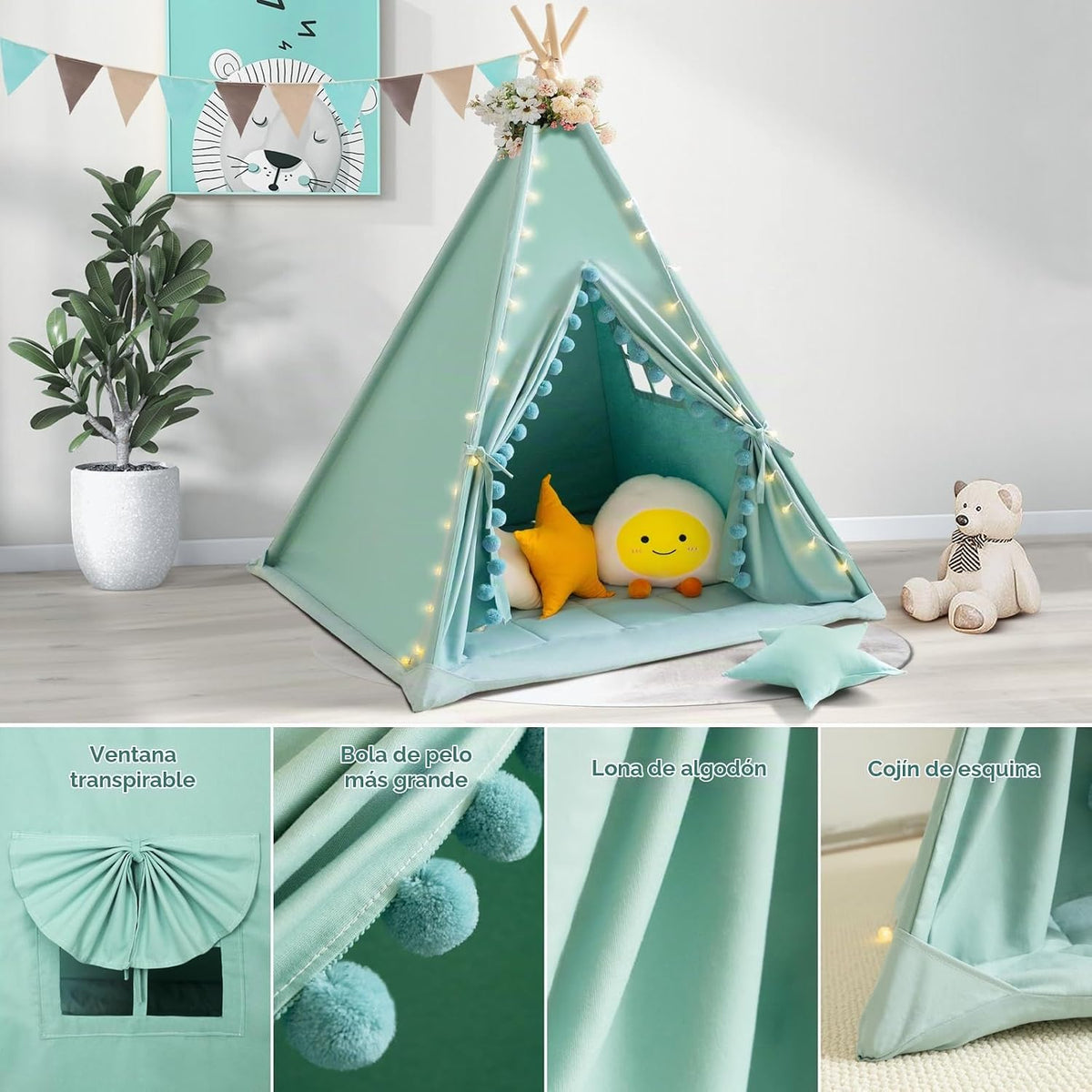 Tienda de campaña tipi para niños con alfombrilla acolchada, lona d...