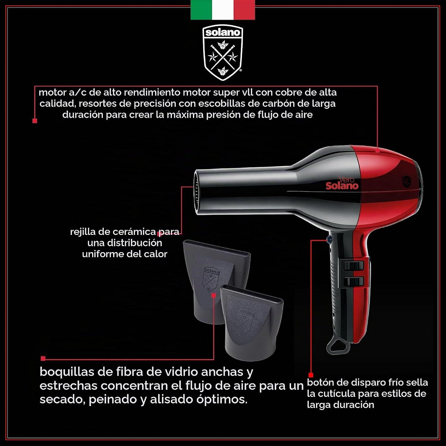 Solano Vero Rosso - Secador de pelo iónico de cerámica de 1600 W, t...