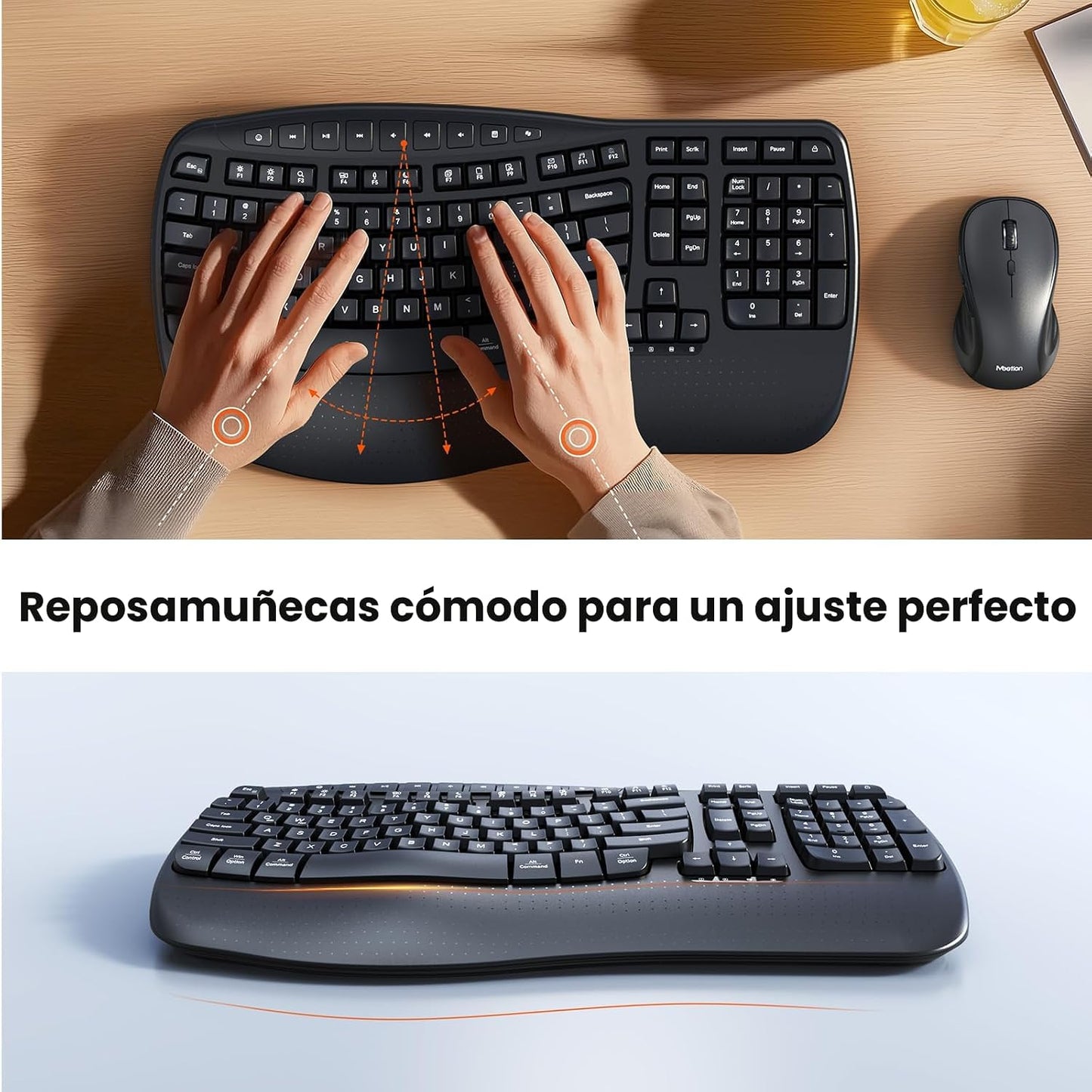 MEETION Combo ergonómico de teclado y mouse inalámbricos con teclas...