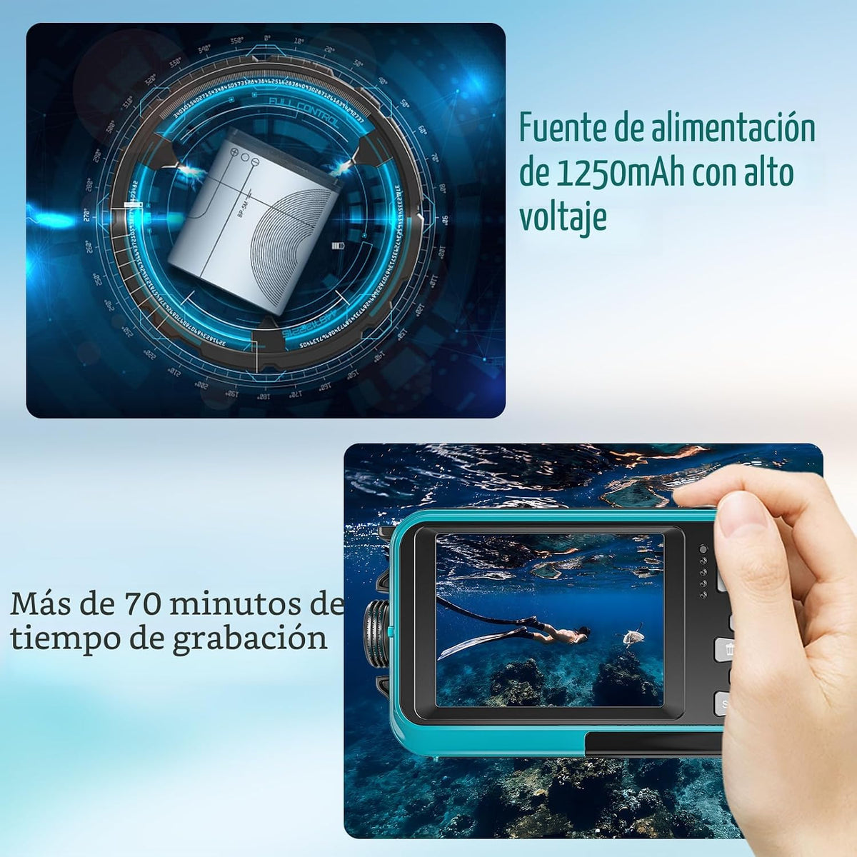 Cámara subacuática 4K, cámara impermeable de 16 pies, pantalla dual...