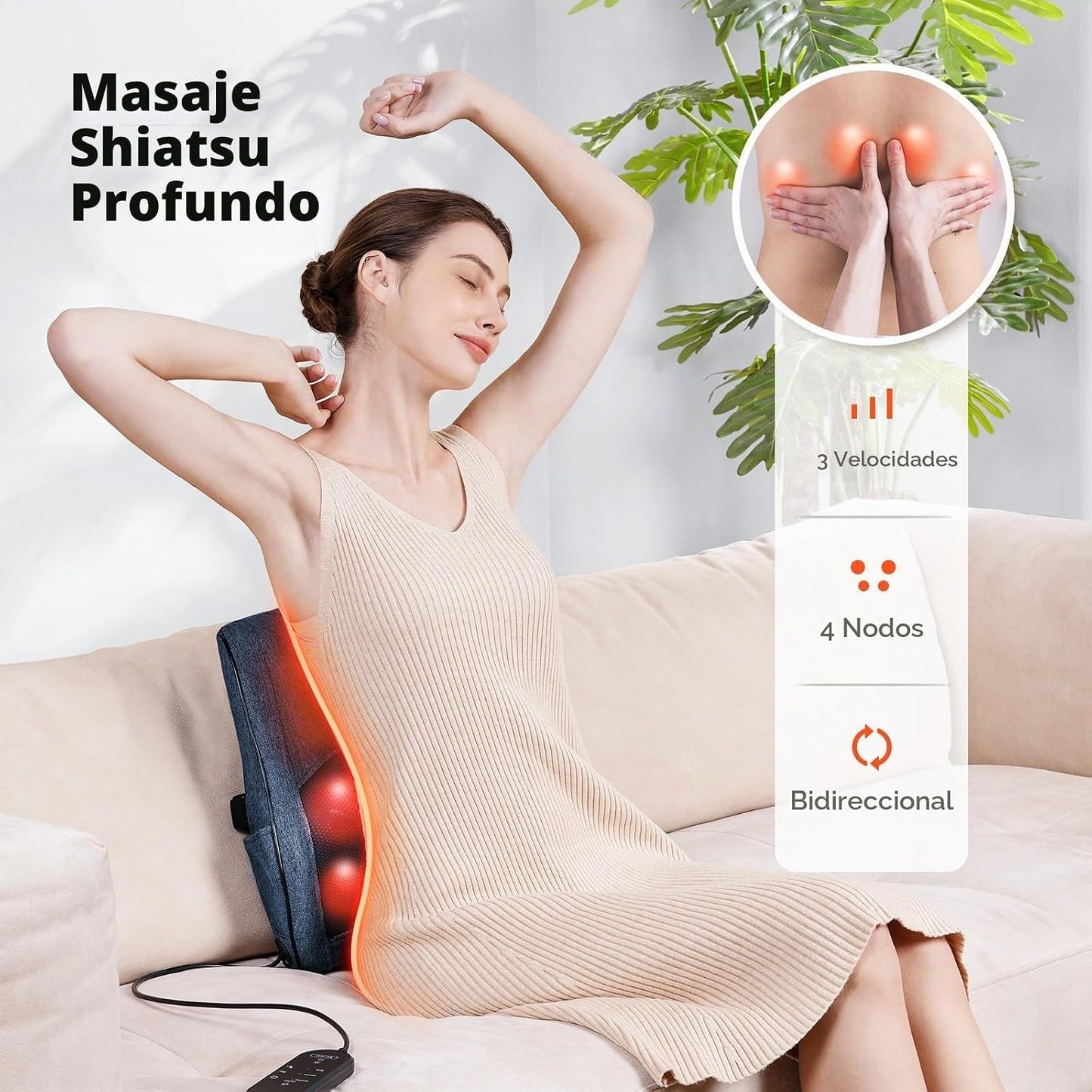 Boriwat Masajeador de cuello y espalda con calor, almohada de masaj...