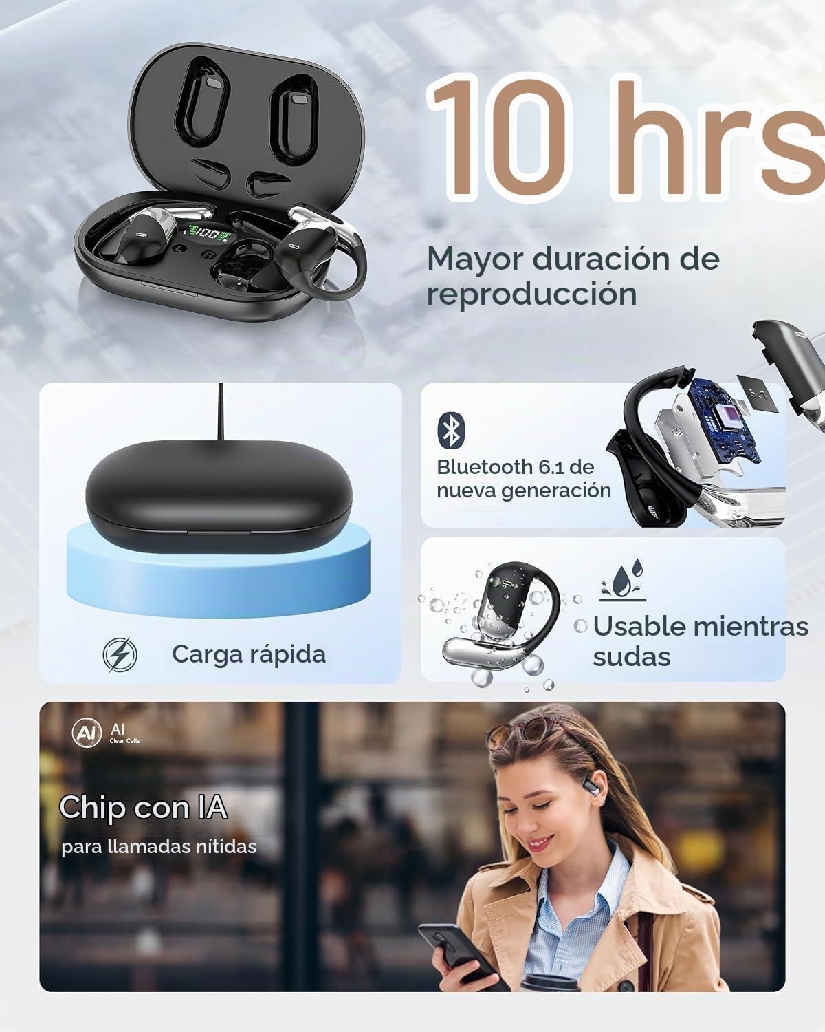 Auriculares ultra abiertos, auriculares de conducción ósea Bluetoot...