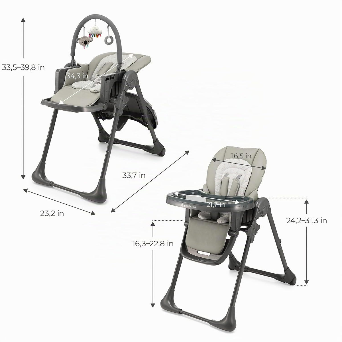Kinderkraft Tummie - Silla alta 2 en 1, color gris | Ergonómico, re...