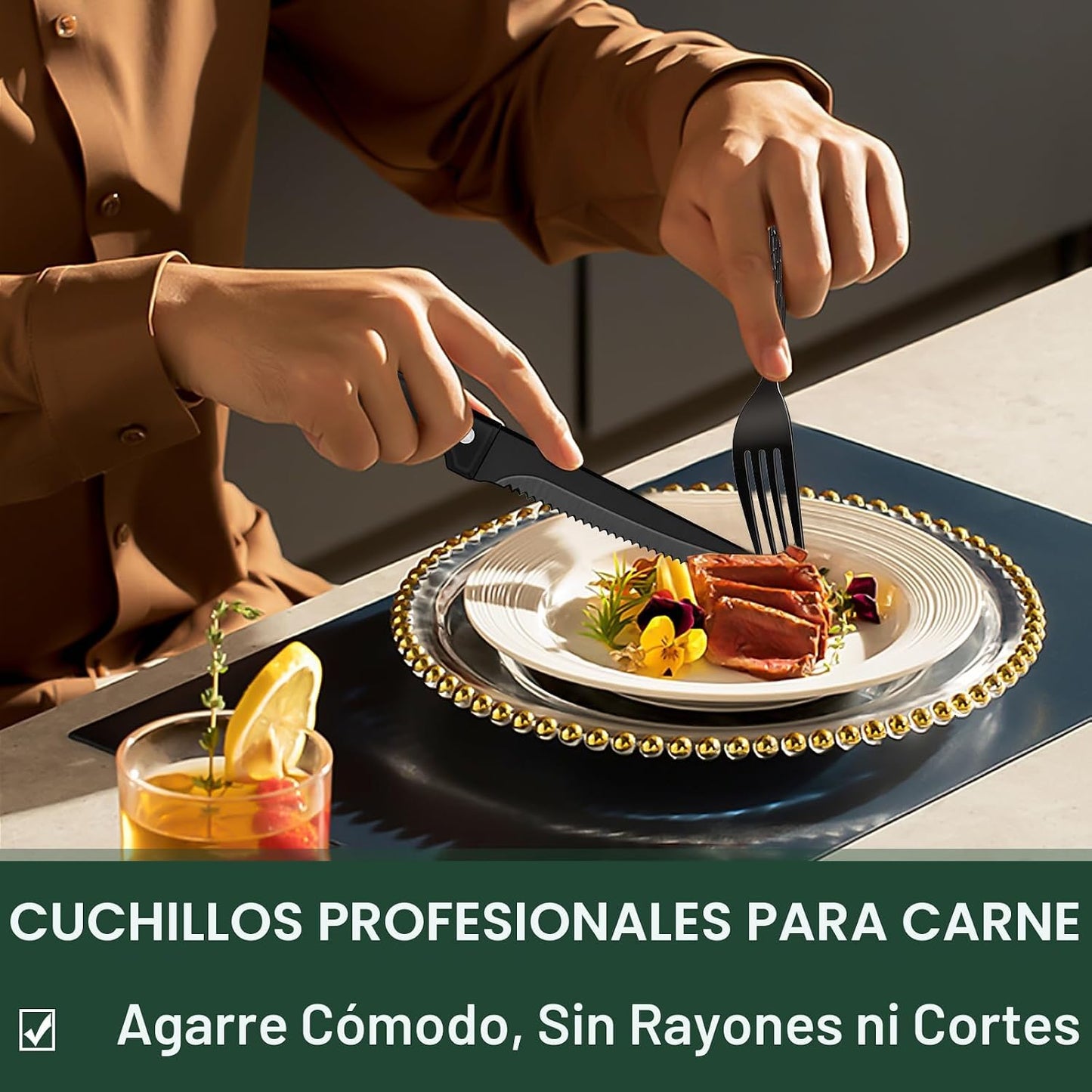 Juego de cubiertos negros de 49 piezas con organizador, juego de cu...