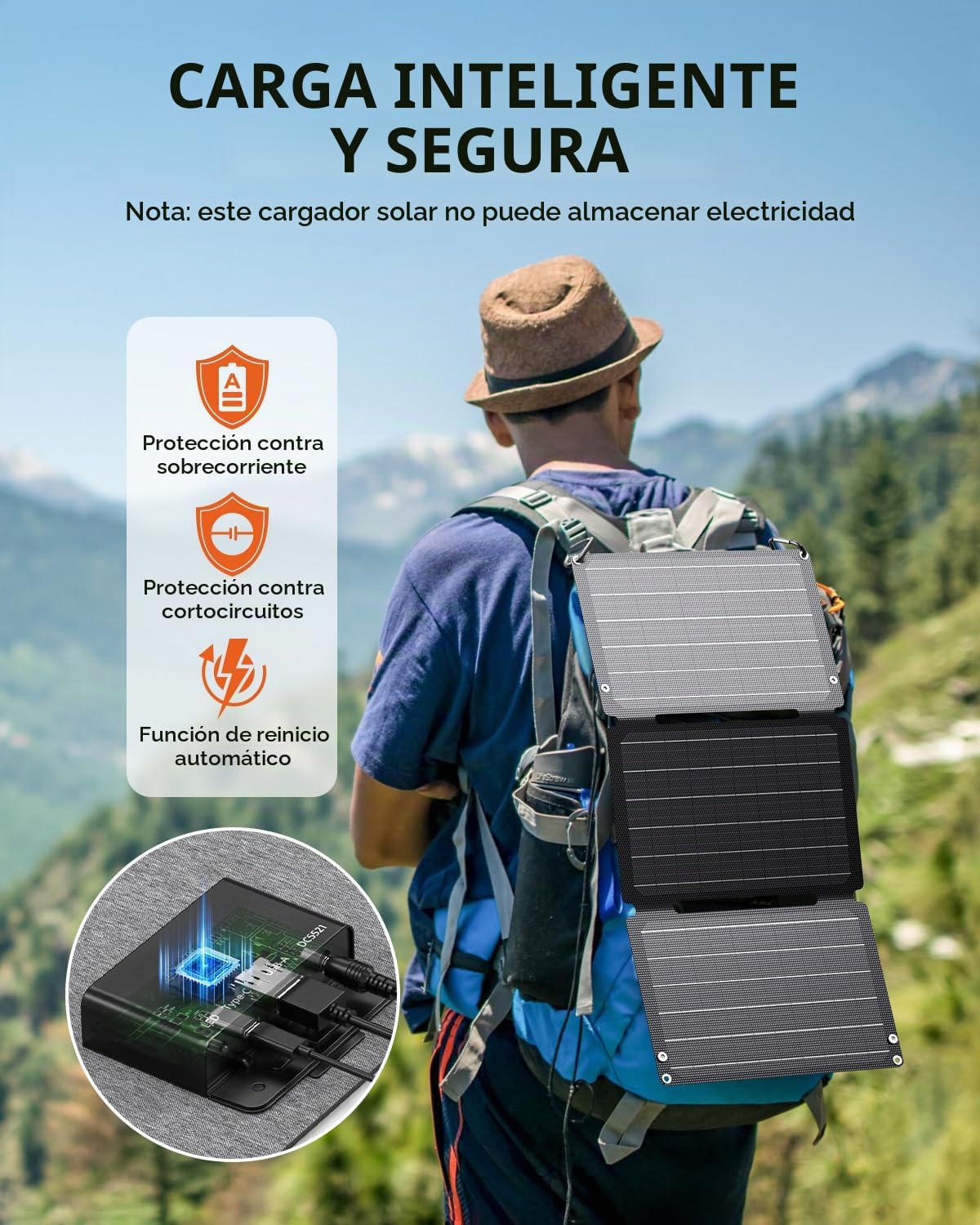 BigBlue Cargador de panel solar de 30W con puertos USB-A, USB-C y D...
