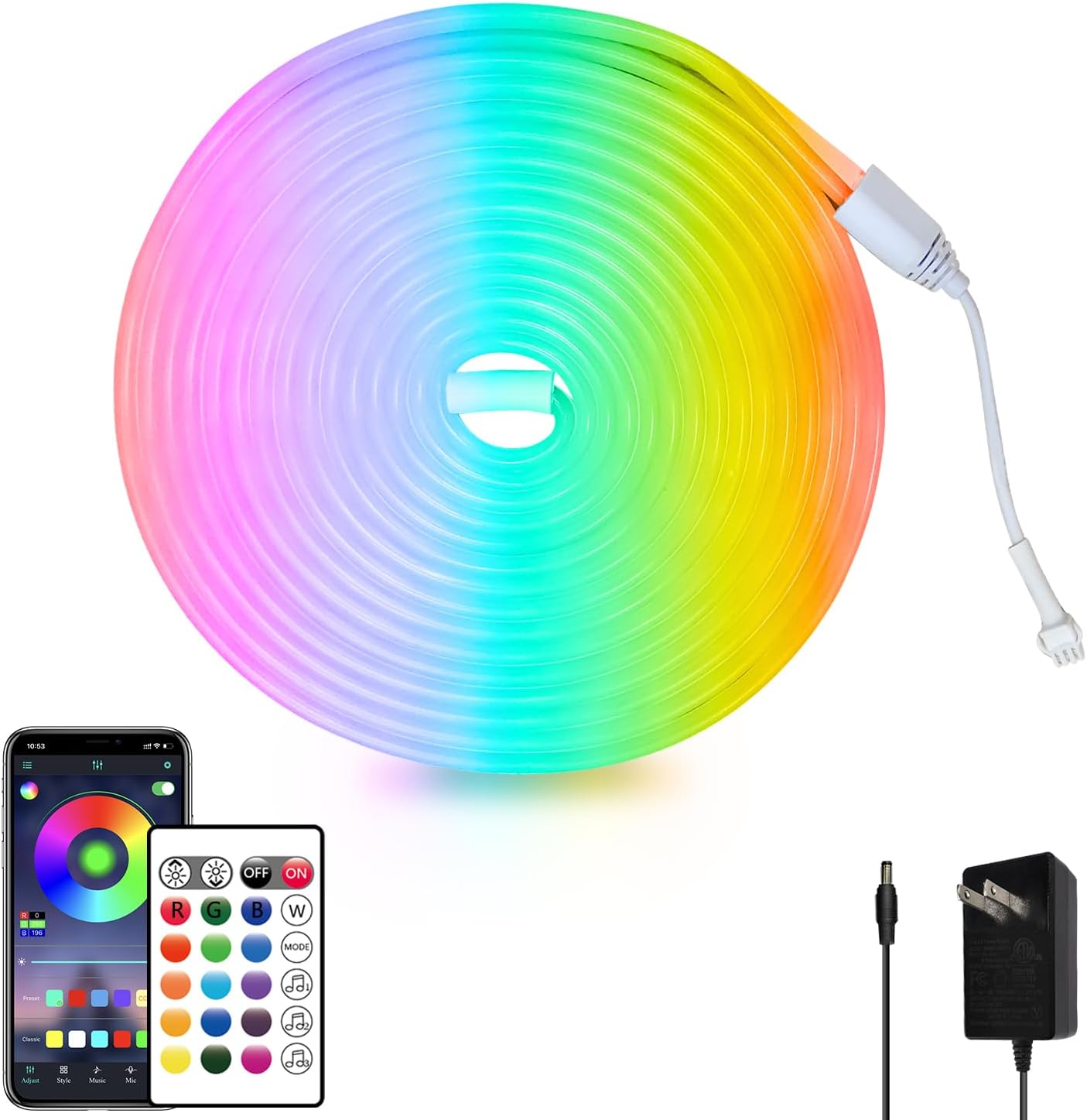 Cuerda de luces LED de neón de 16.4 pies con aplicación o control r...