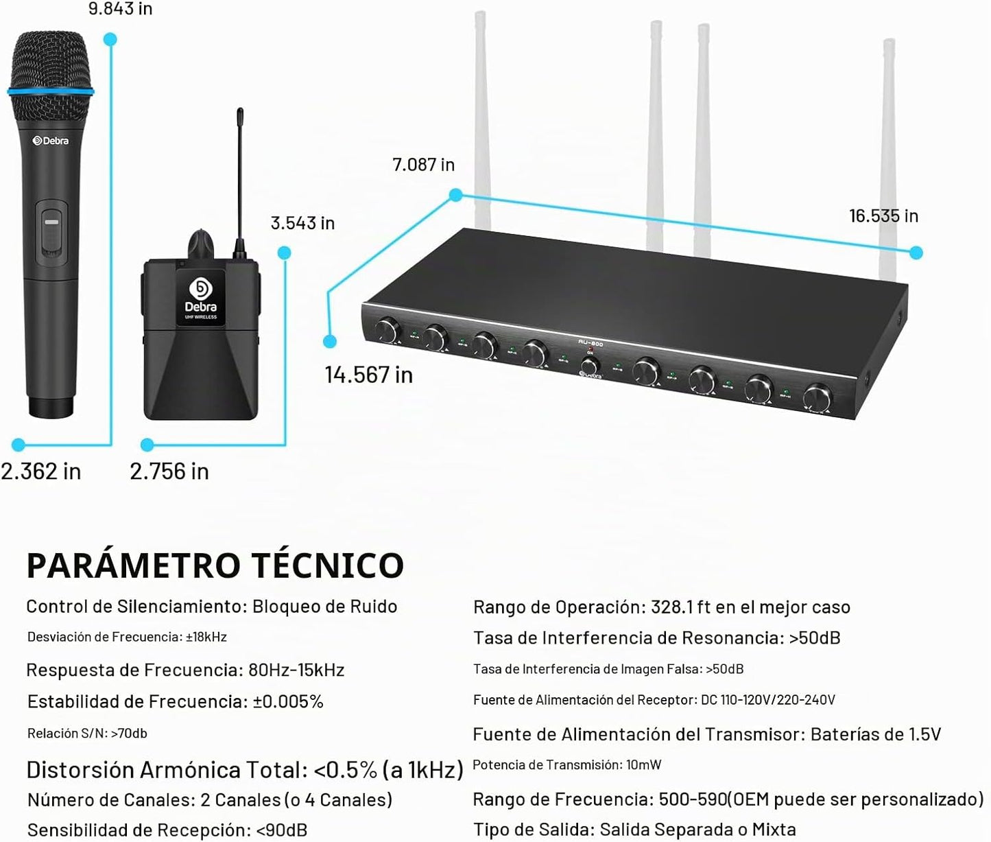 D Debra Audio AU800 Pro UHF - Sistema de micrófono inalámbrico de 8...