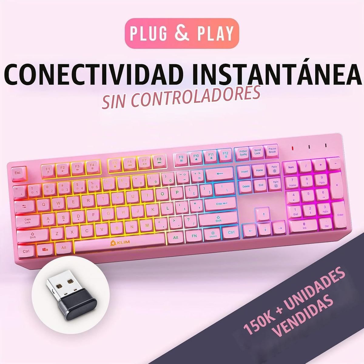 Teclado inalámbrico KLIM Chroma Rosa \u2013 Retroiluminación RGB, B...