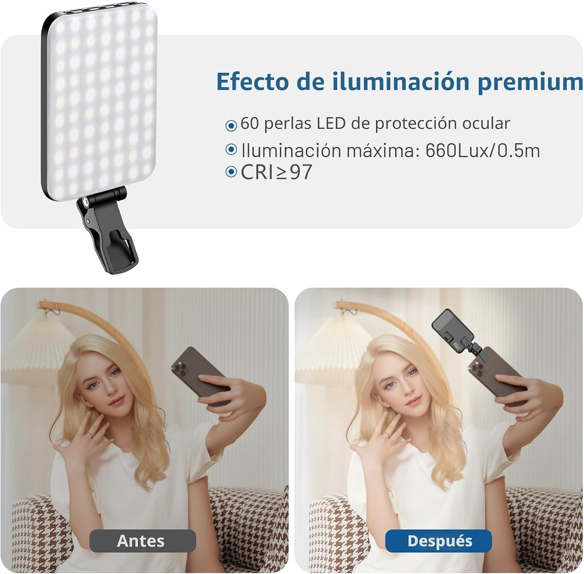 ALTSON 60 LED Luz portátil para selfie con clip y adaptador de tríp...