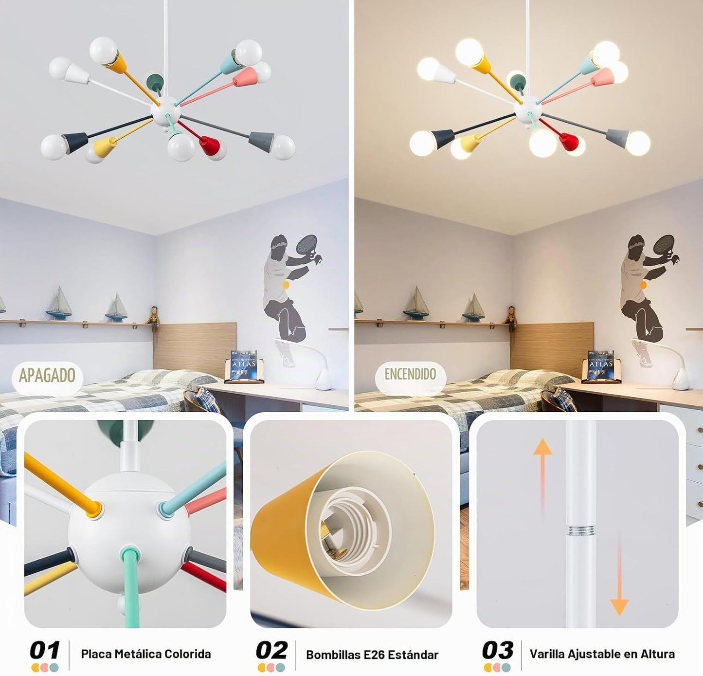 Ymlii Candelabros Sputnik coloridos, lámpara de comedor de 10 luces...