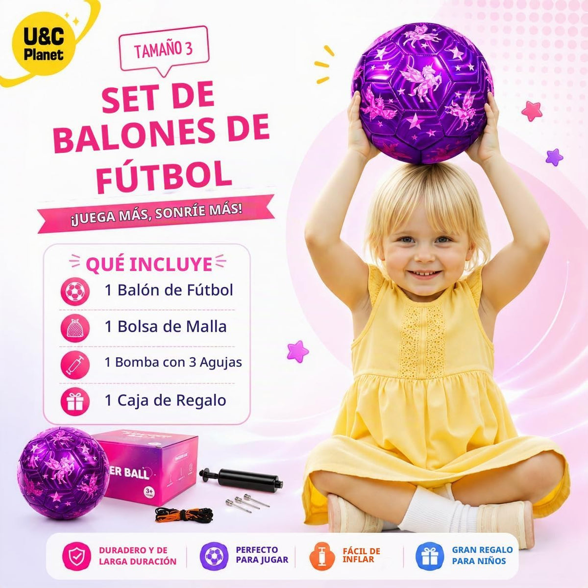 Balón de fútbol U&C Planet tamaño 2, 3, 4 para niños pequeños y jóv...