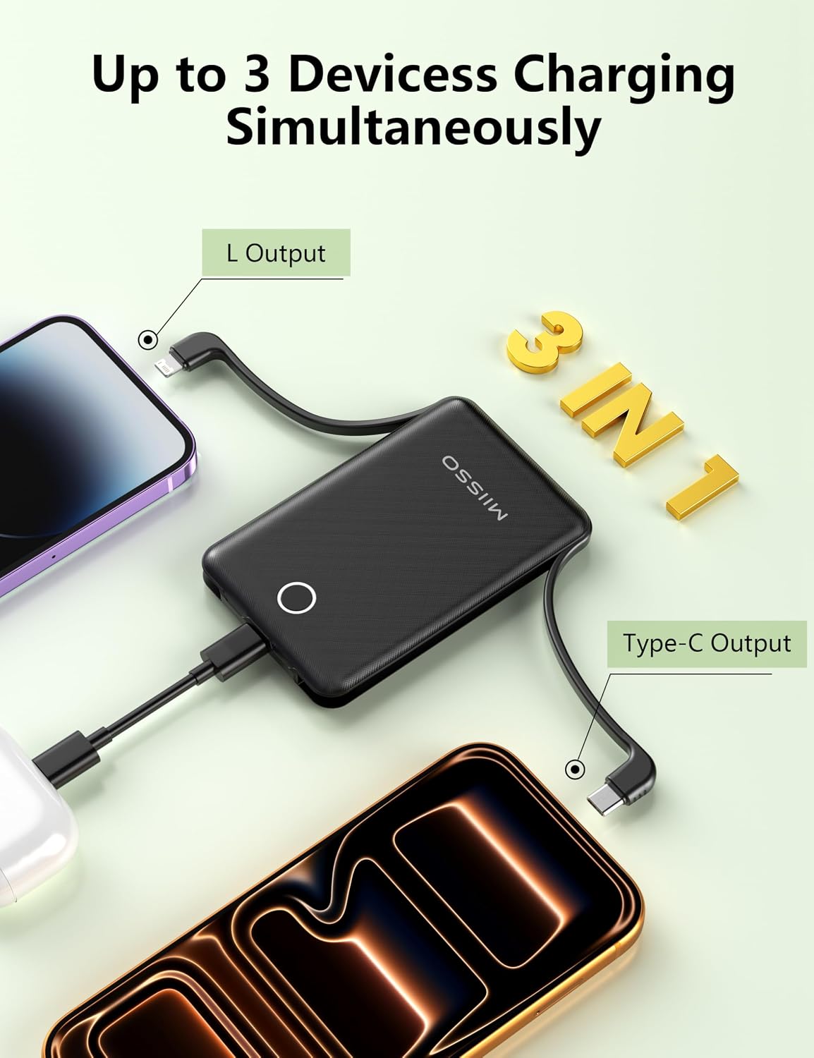 Mini cargador portátil de 10000mAh con cable integrado, banco de en...