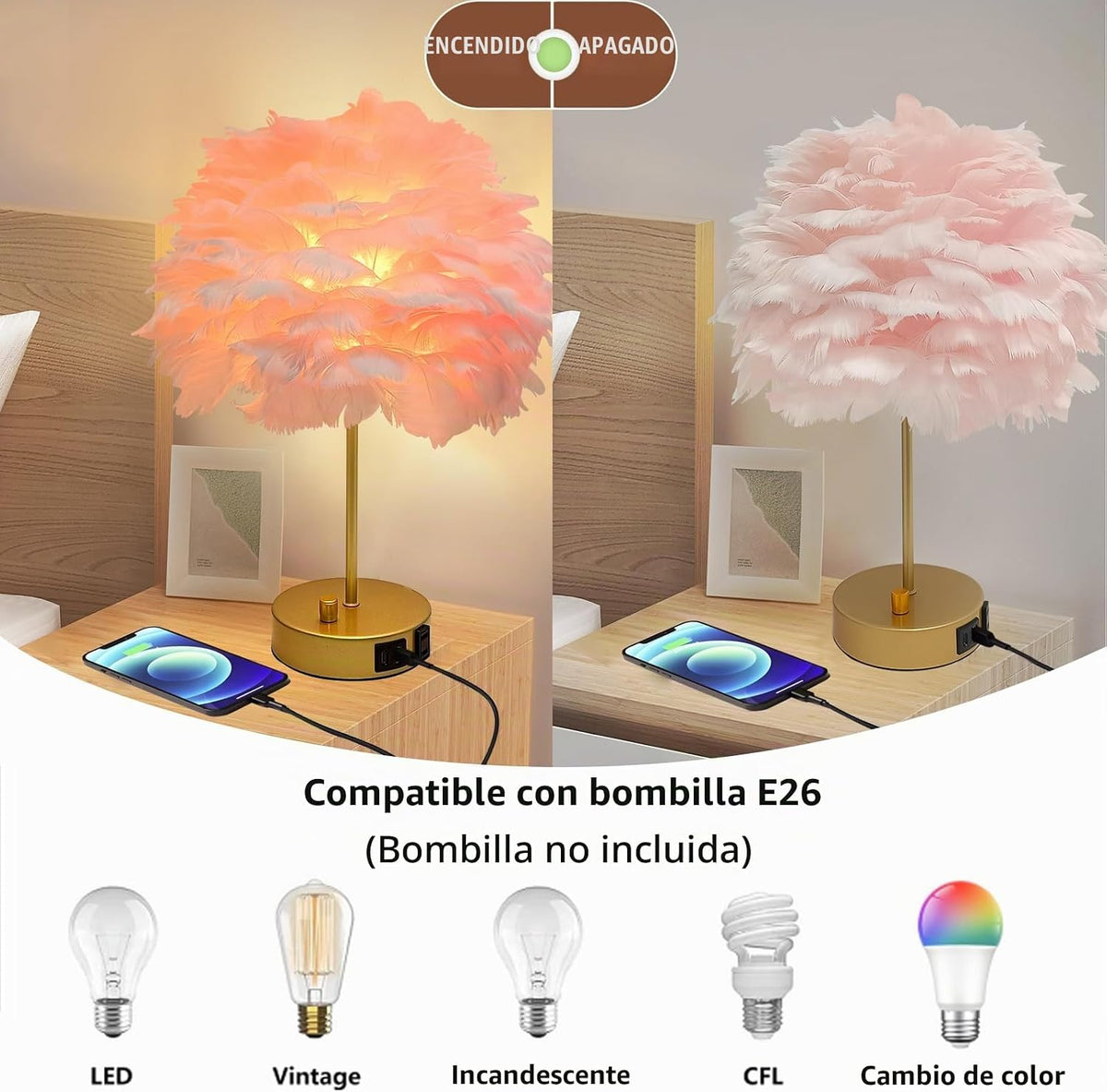 ZYLEIESENBAO Lámpara de mesa con cargador USB de plumas rosas, lámp...