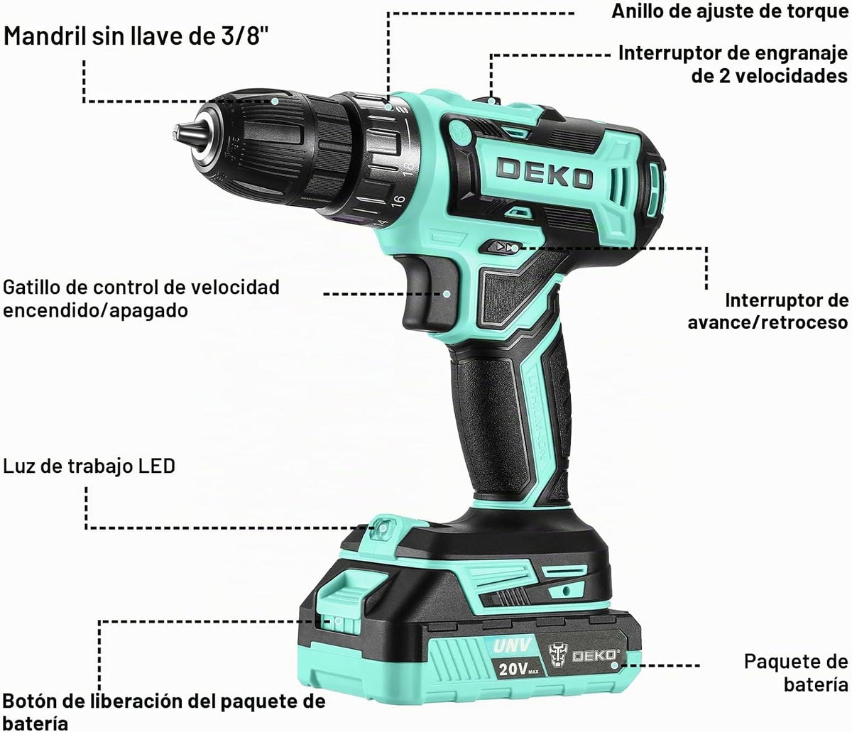 Taladro eléctrico inalámbrico: DEKO PRO Taladro inalámbrico de 20 V...