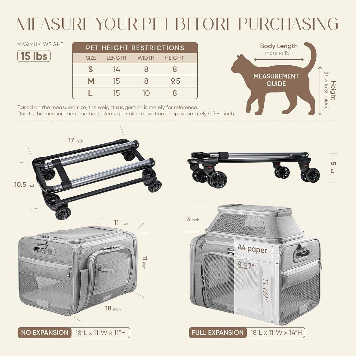 Transportador para perros con ruedas y ventana para mascotas, 18 x...