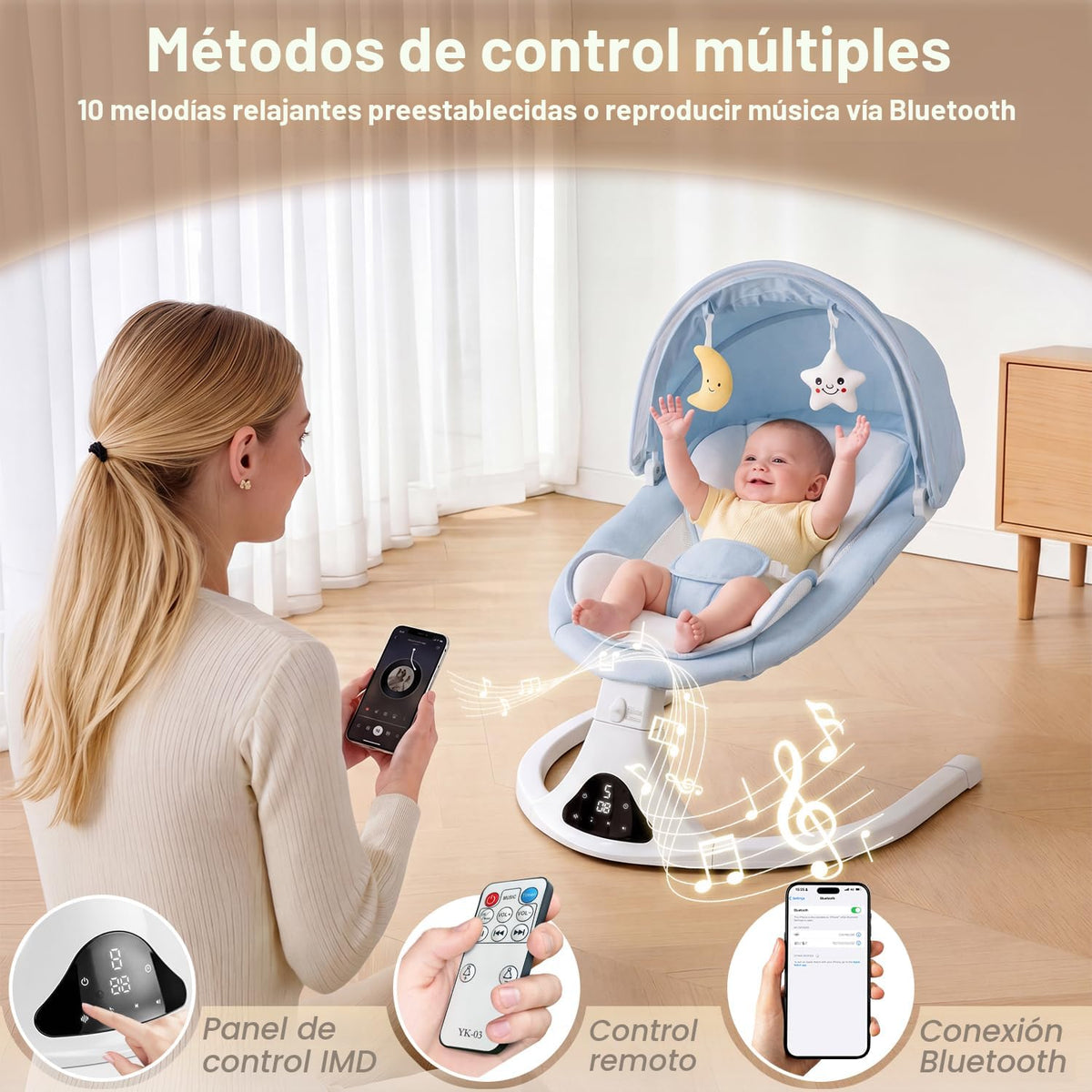 Columpio inteligente para bebé con Bluetooth y control remoto - 5 v...