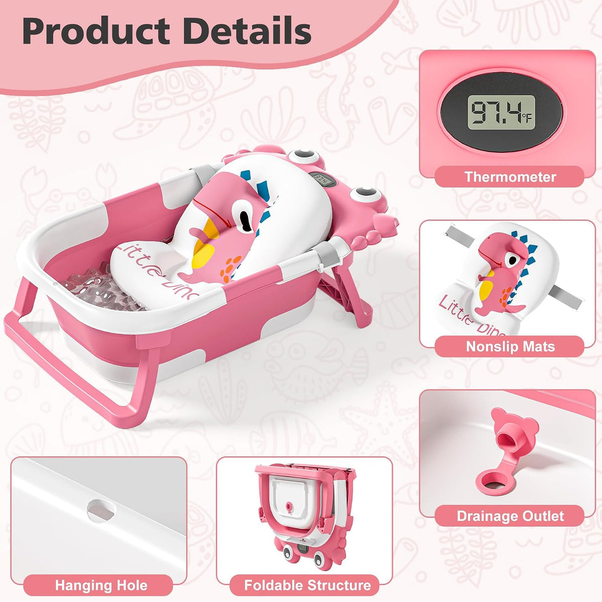 Bañera plegable para bebés recién nacidos con termómetro y cojín fl...