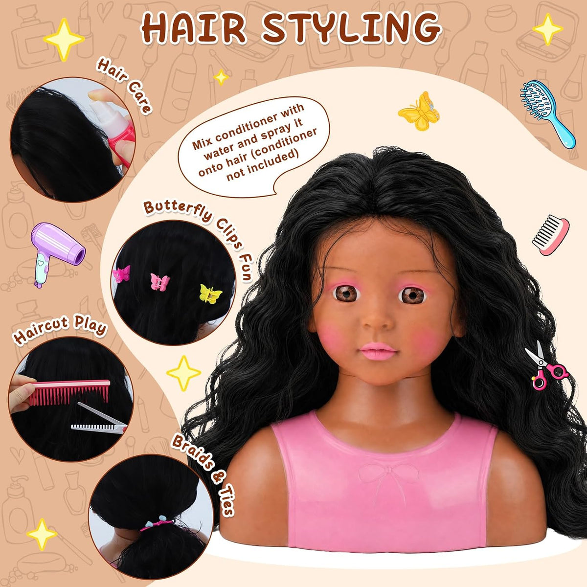 Cabeza de muñeca para peinar el cabello para niños | Accesorios par...