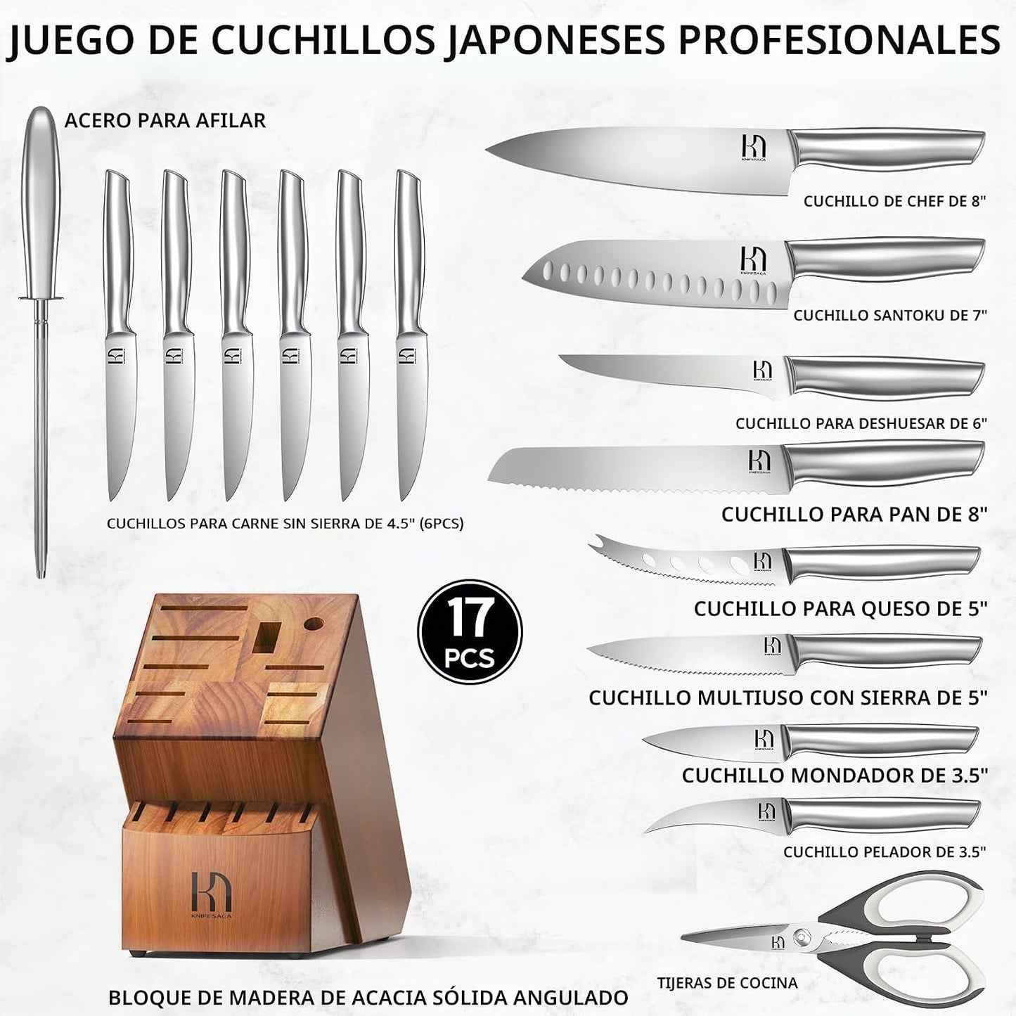 KnifeSaga - Juego de cuchillos de cocina de 17 piezas, premium, afi...