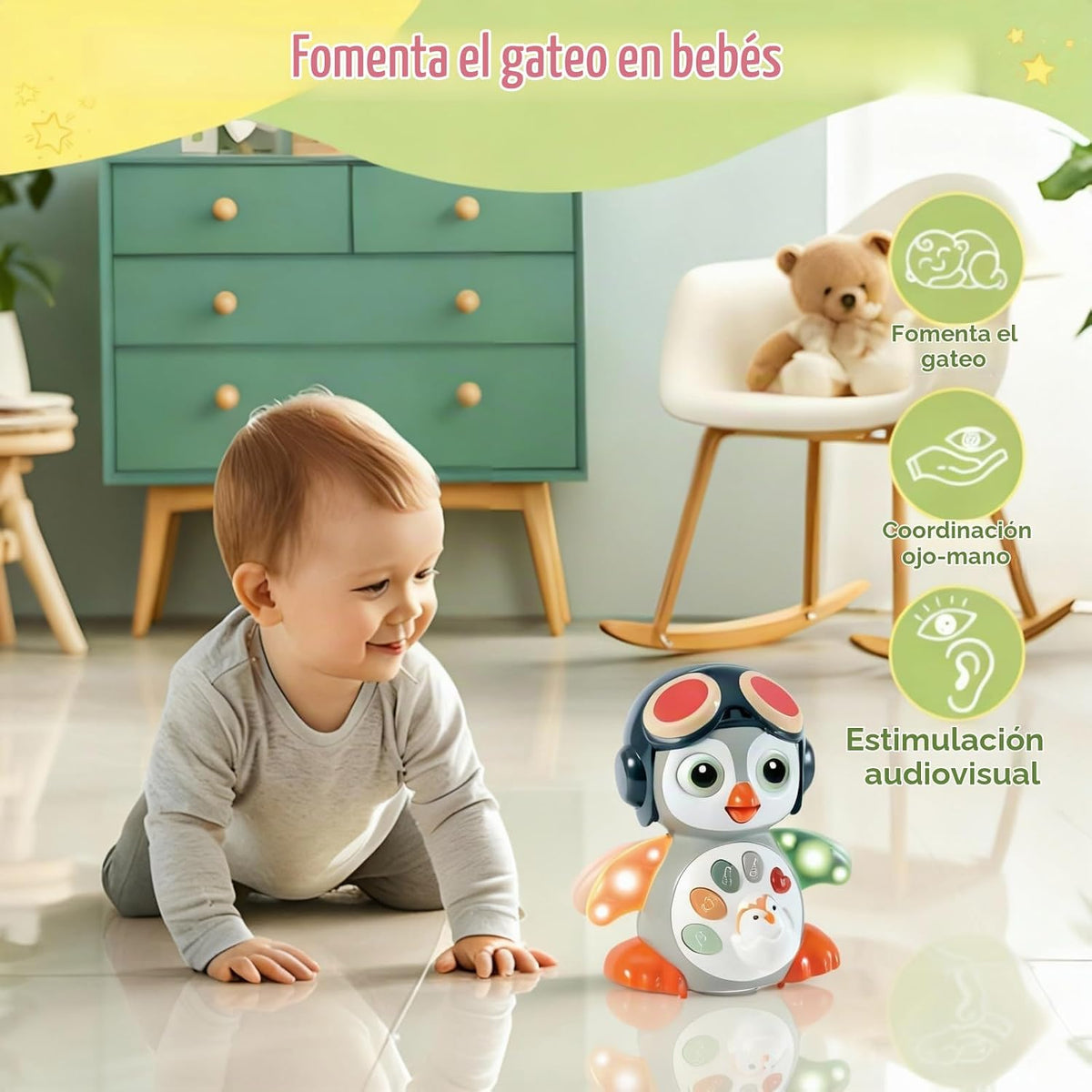 XULIONTS Juguete para bebé de pingüino gateante con música y luces,...