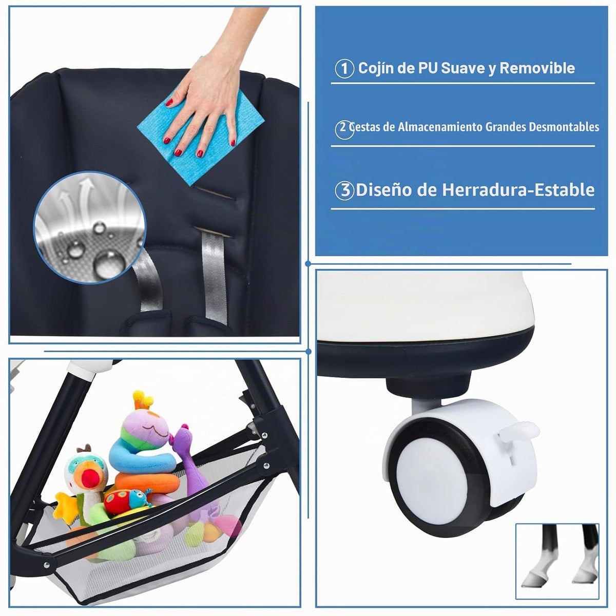 INFANS Silla alta con bandeja extraíble con una sola mano, 4 ruedas...