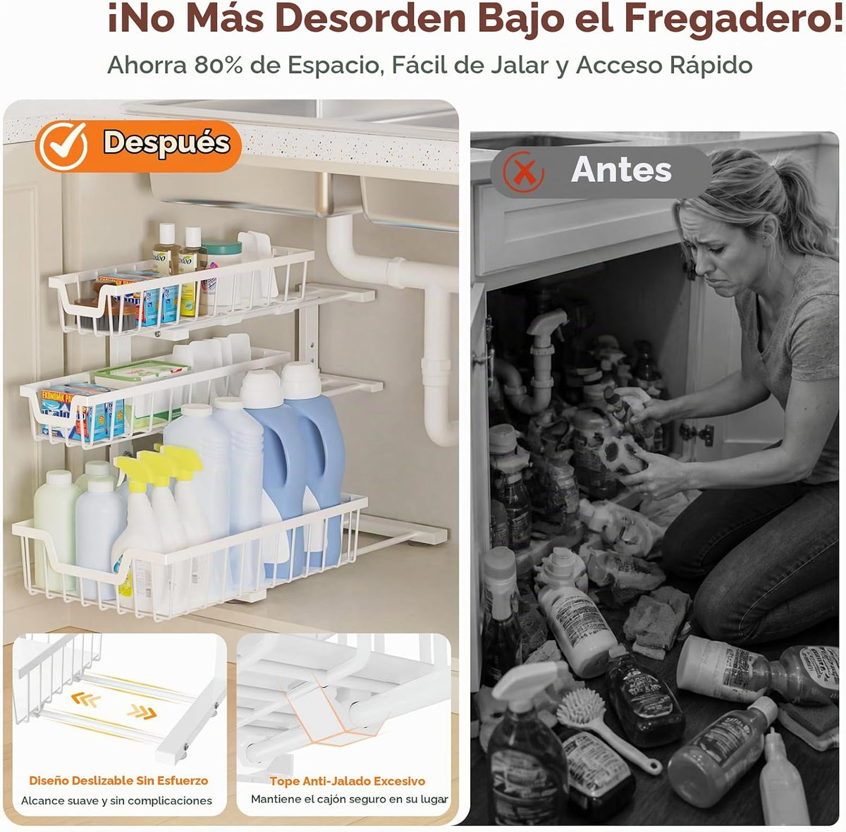 Organizador para debajo del fregadero, paquete de 2 estantes organi...