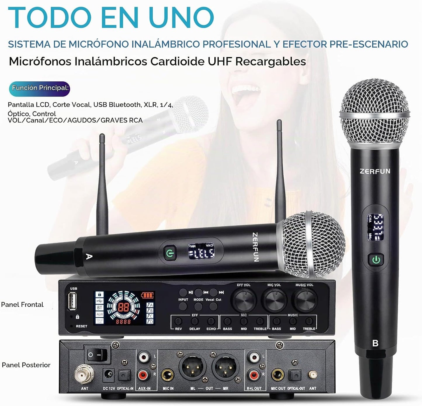 ZERFUN Pro - Sistema de micrófono inalámbrico de 4 canales recargab...