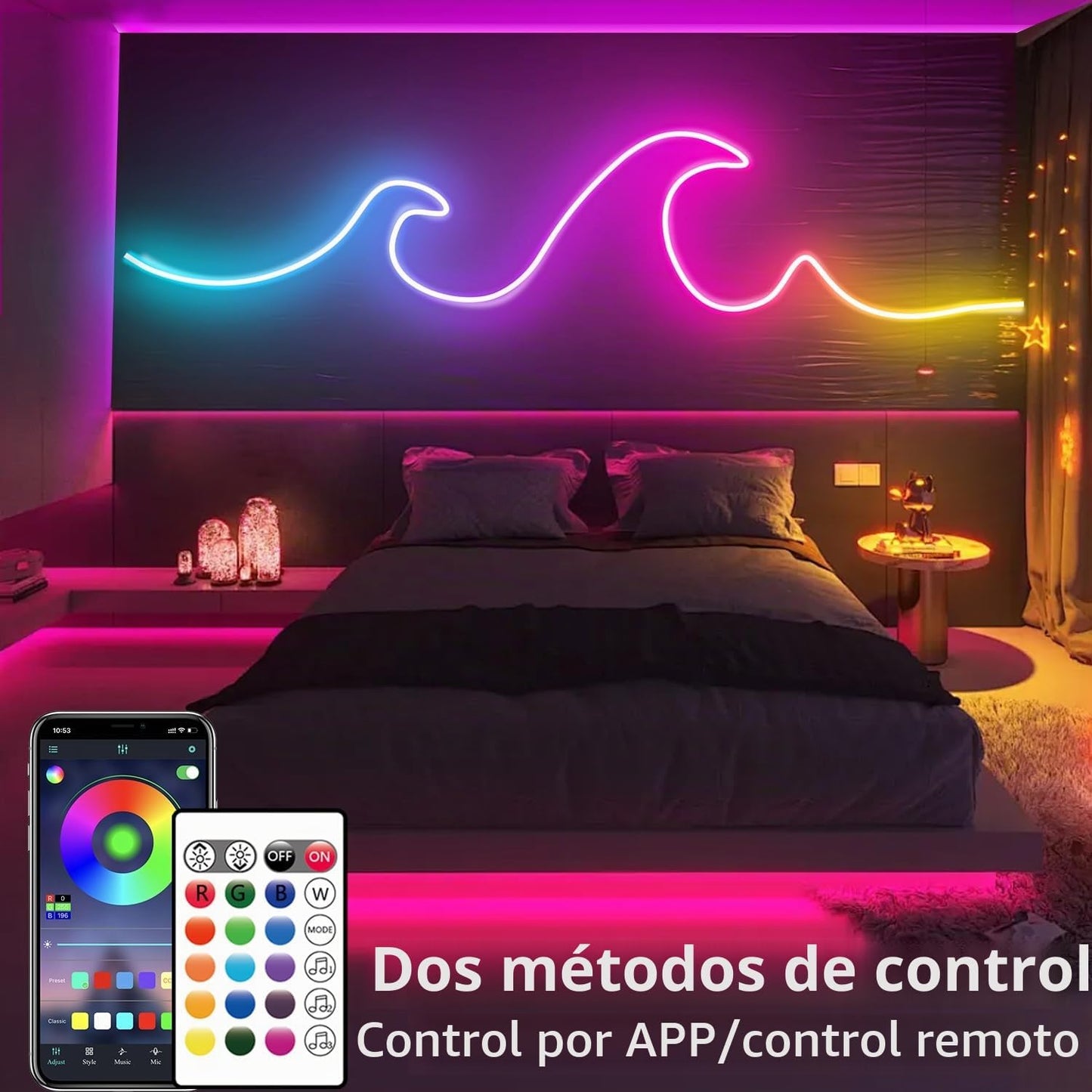 Cuerda de luces LED de neón de 16.4 pies con aplicación o control r...