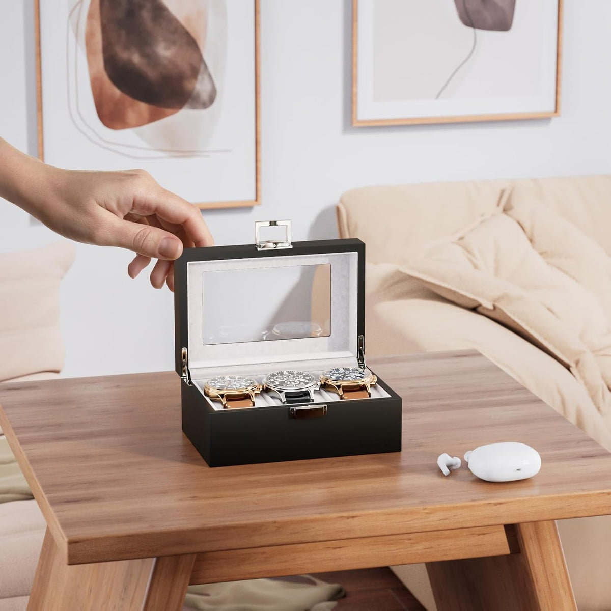 ProCase Caja de reloj de madera para hombre, vitrina de 3 ranuras p...