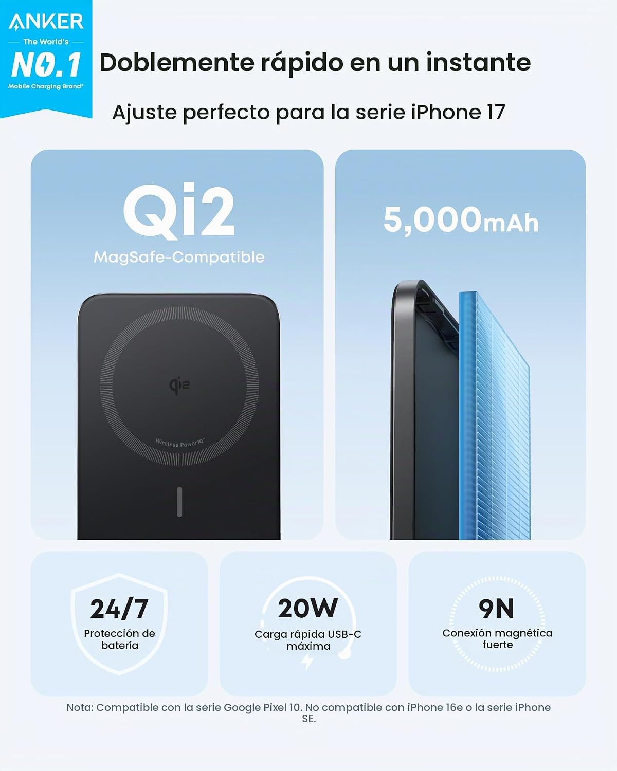 Anker Nano Power Bank, Batería de Carga Magnética Inalámbrica de 5,...