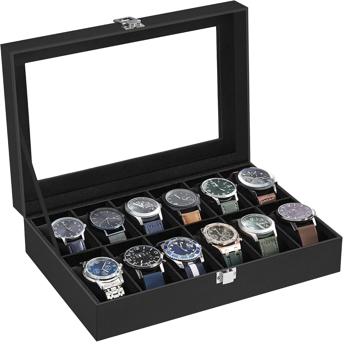SONGMICS Caja de reloj, caja de reloj de 12 ranuras con tapa de vid...