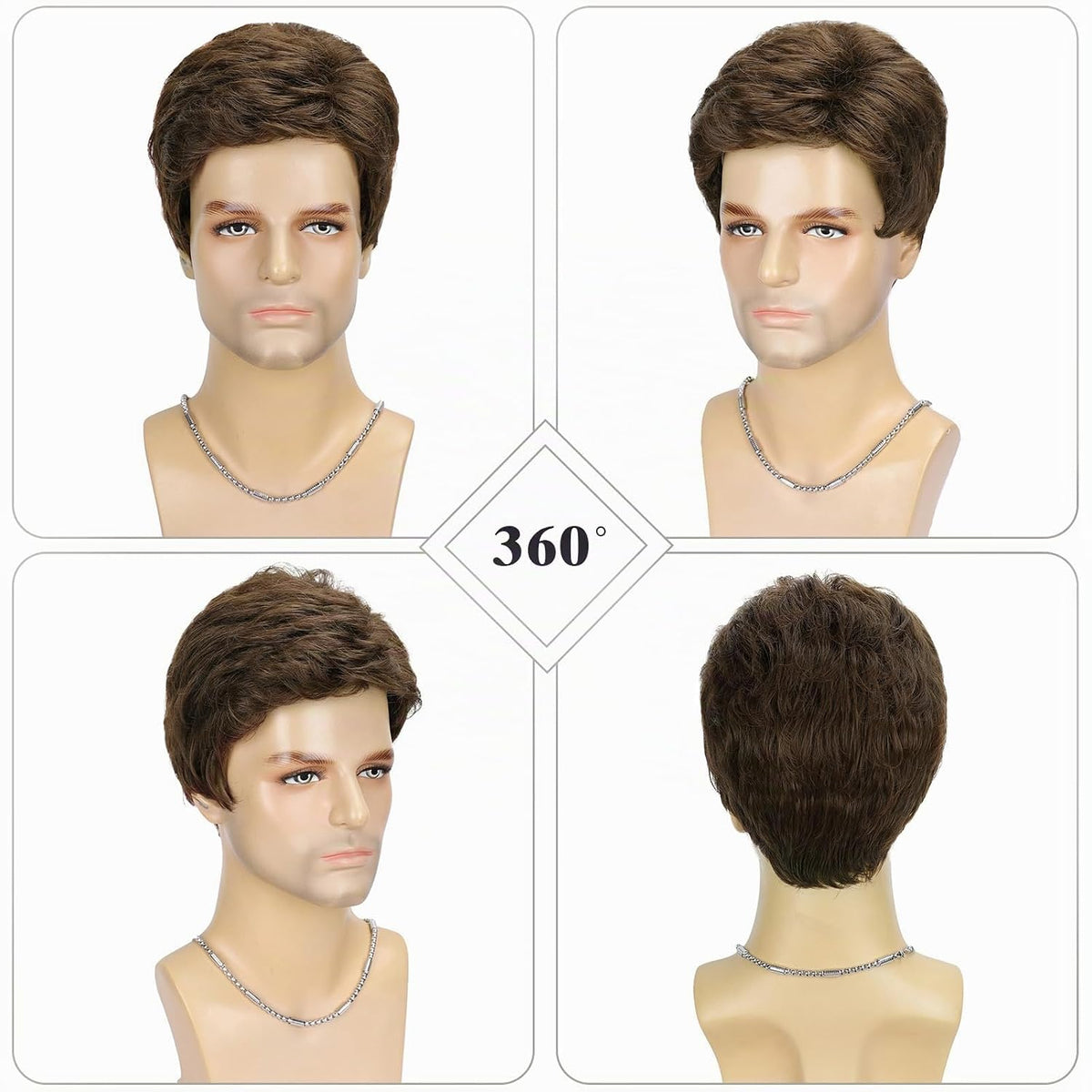DDHAIR Peluca corta marrón para hombre, peluca esponjosa en capas n...