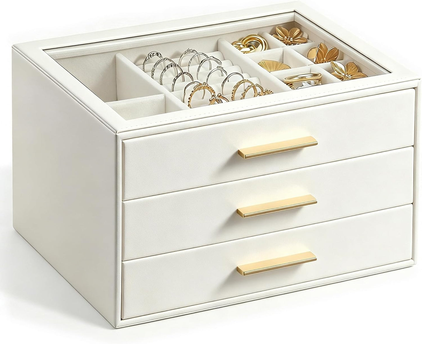 GUOER Joyero para mujer, organizador de joyas con tapa de vidrio co...