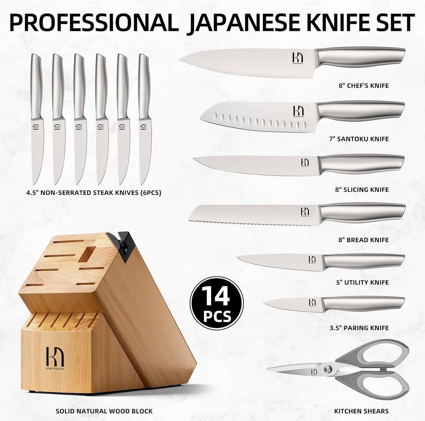 KnifeSaga - Juego de 14 cuchillos con bloque, premium, afilado de a...